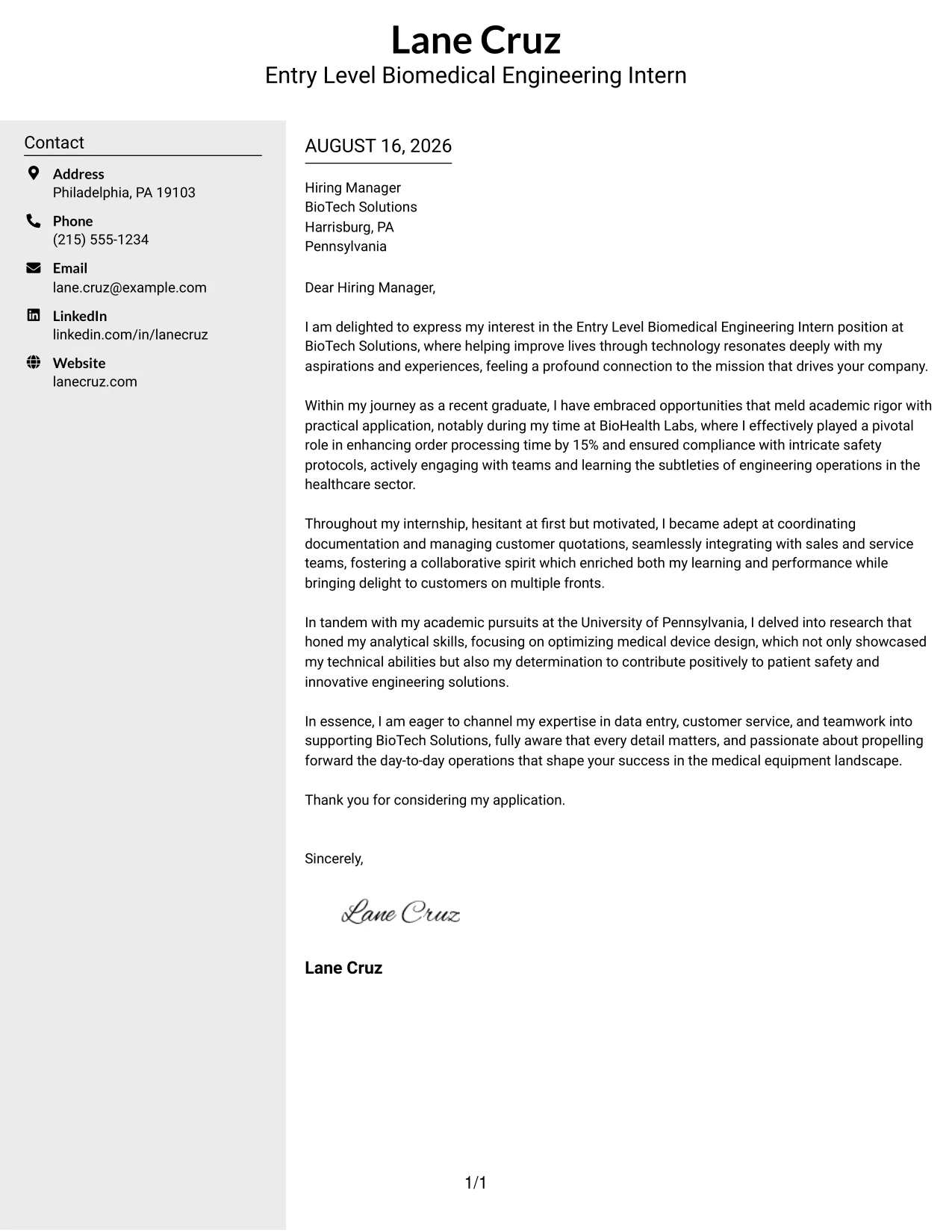 Resume Example Page 1