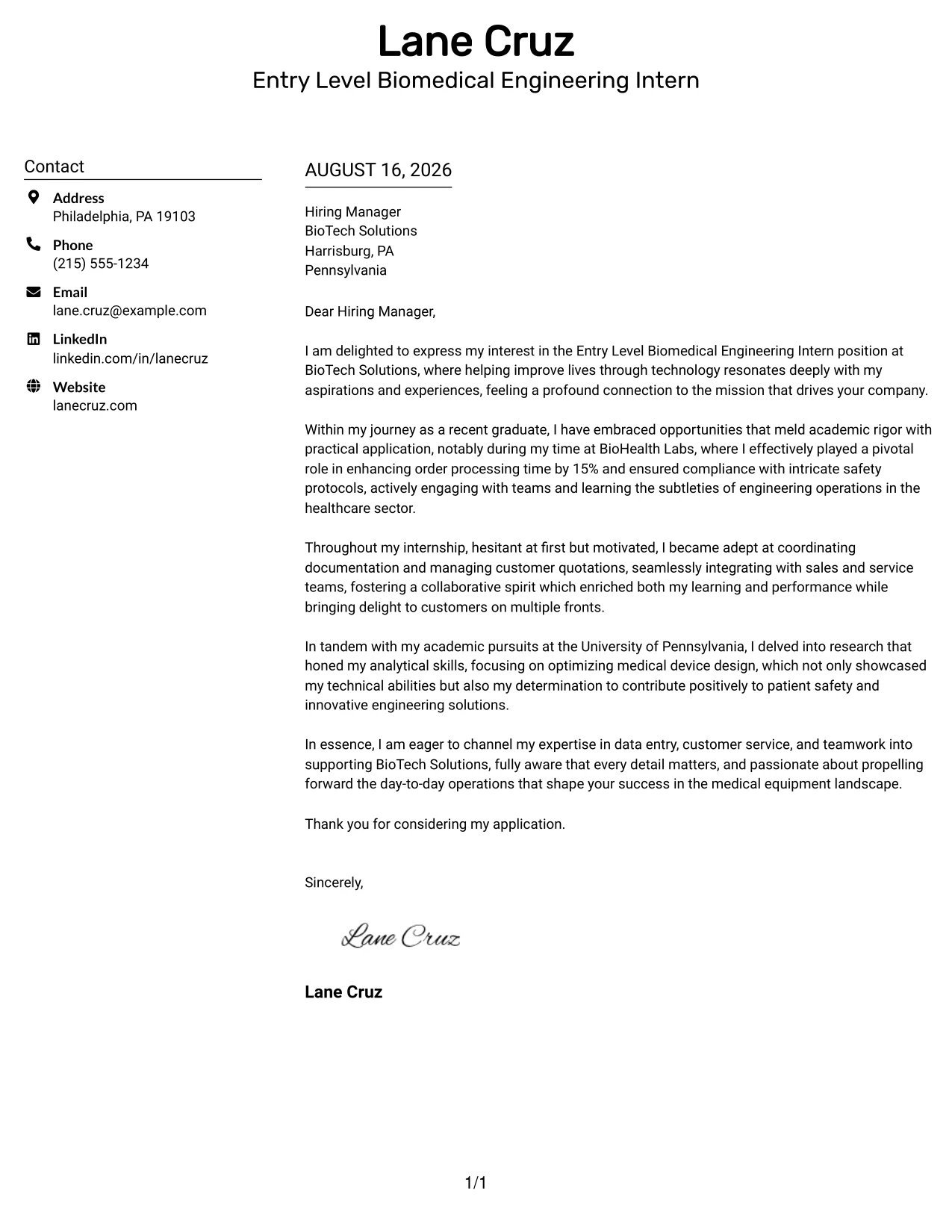 Resume Example Page 1
