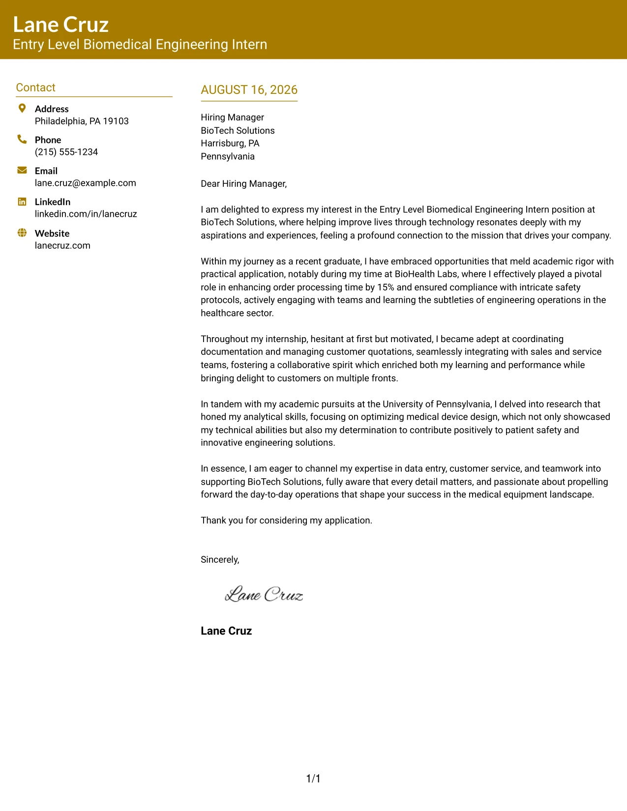 Resume Example Page 1