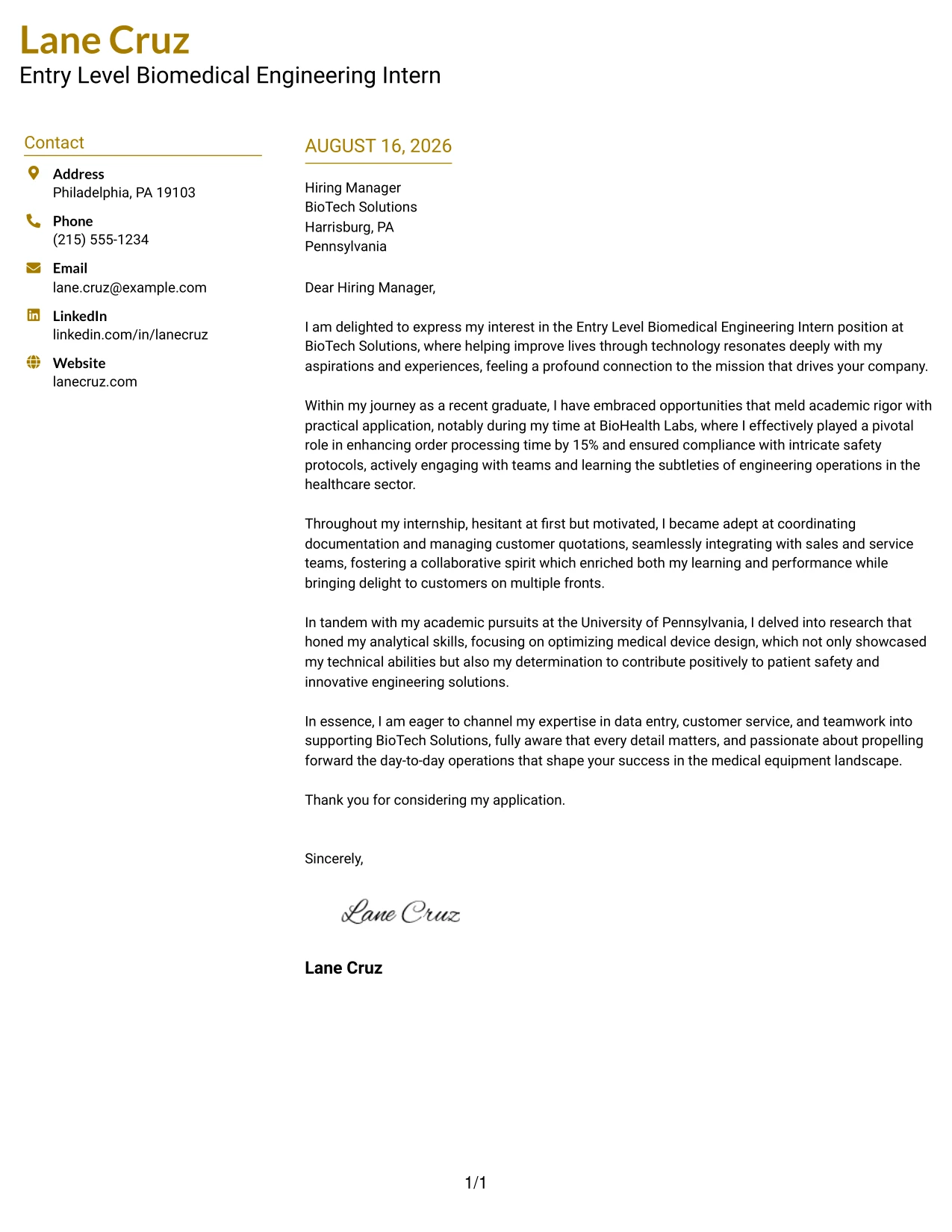 Resume Example Page 1