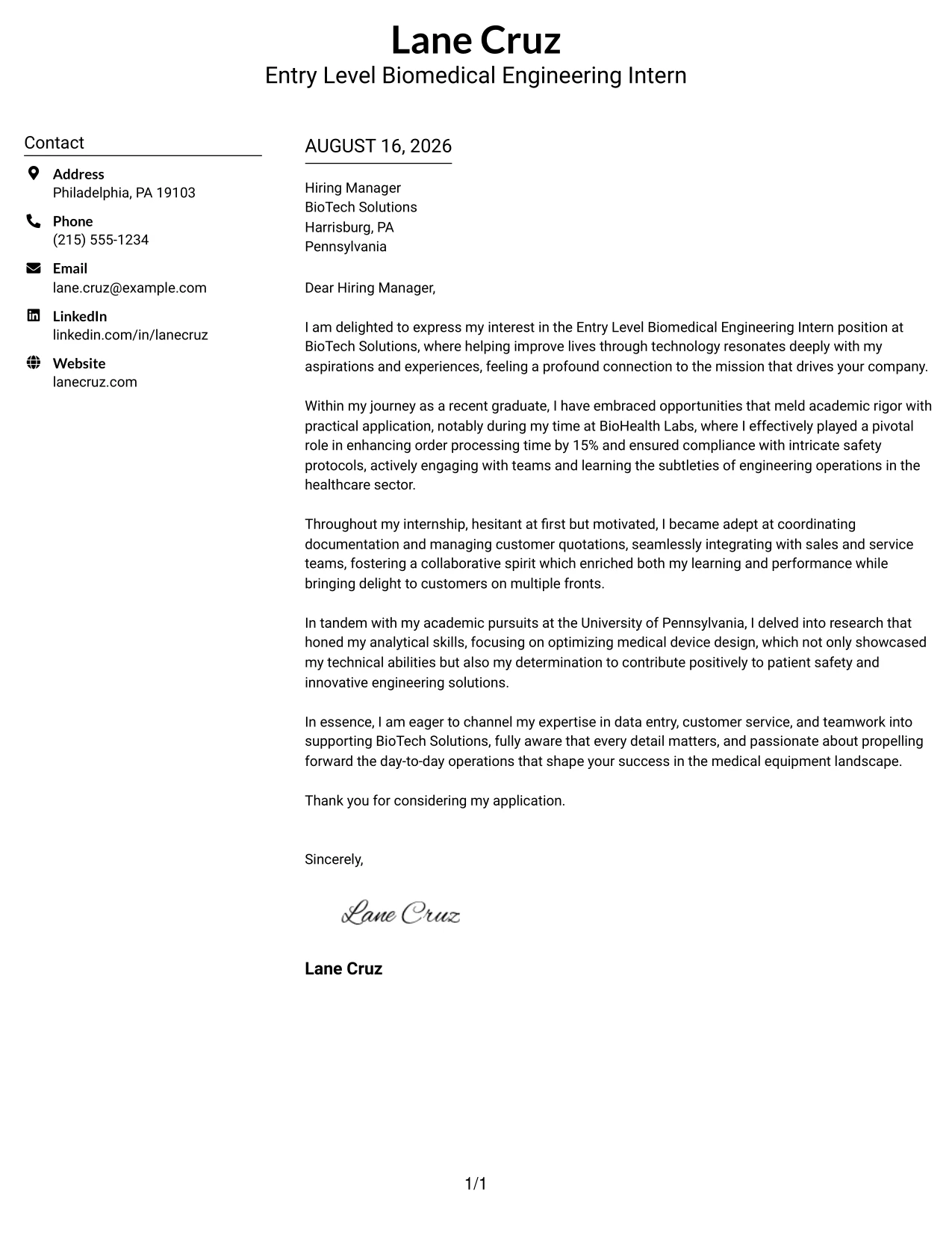 Resume Example Page 1