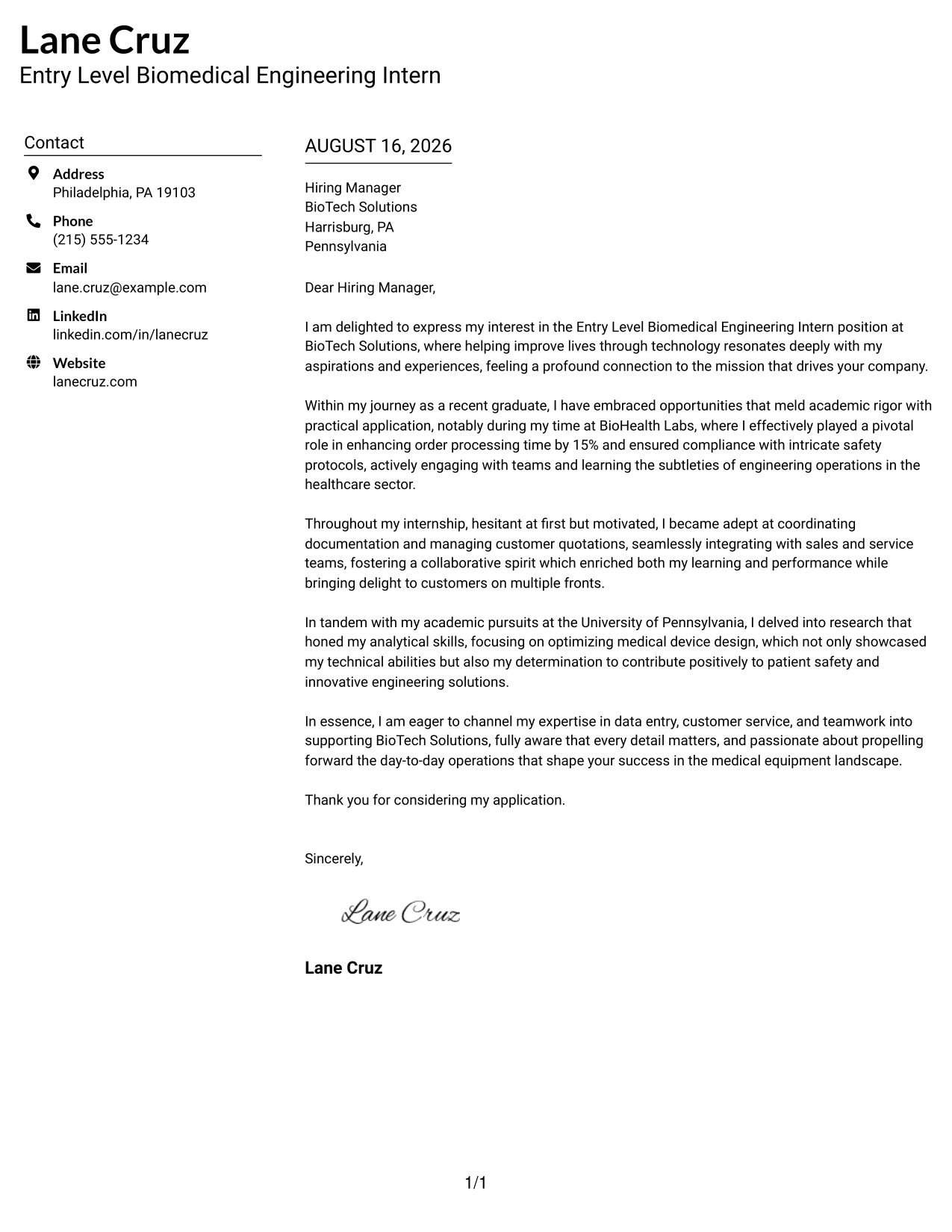 Resume Example Page 1