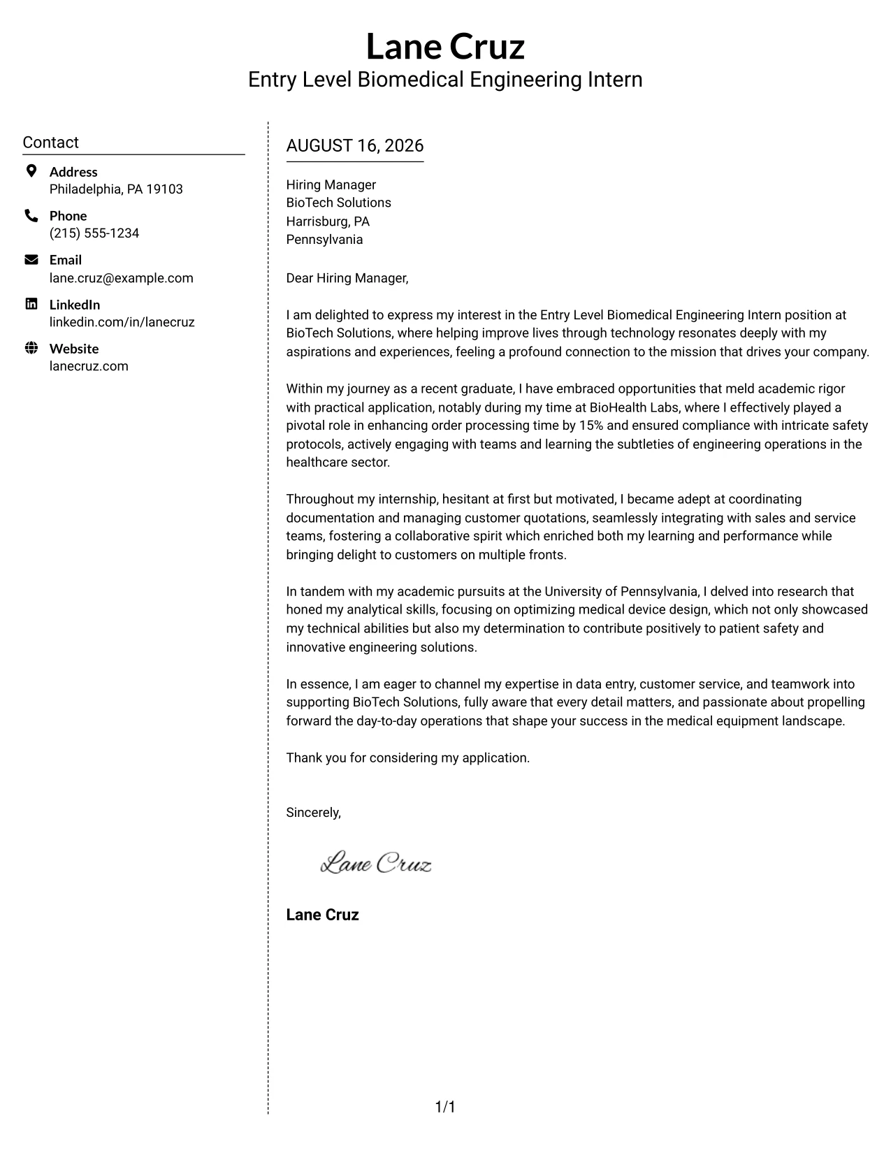 Resume Example Page 1
