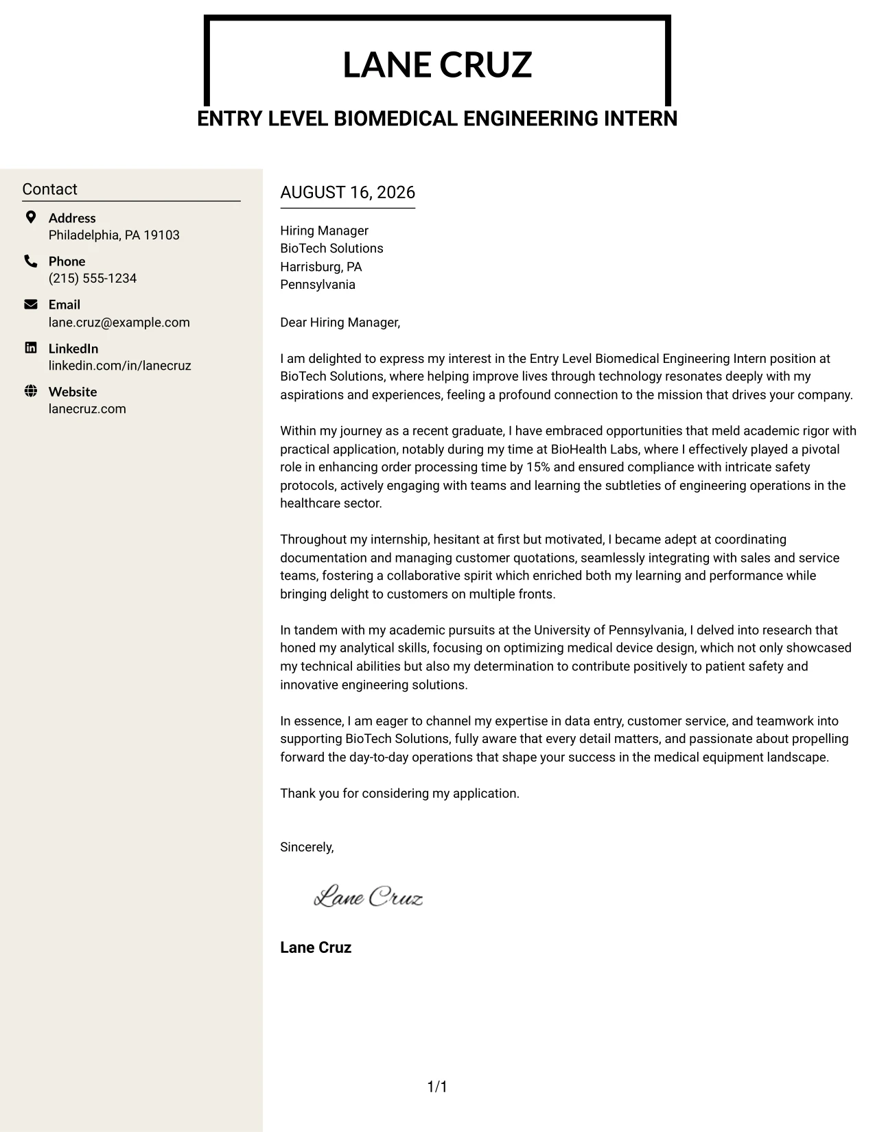 Resume Example Page 1