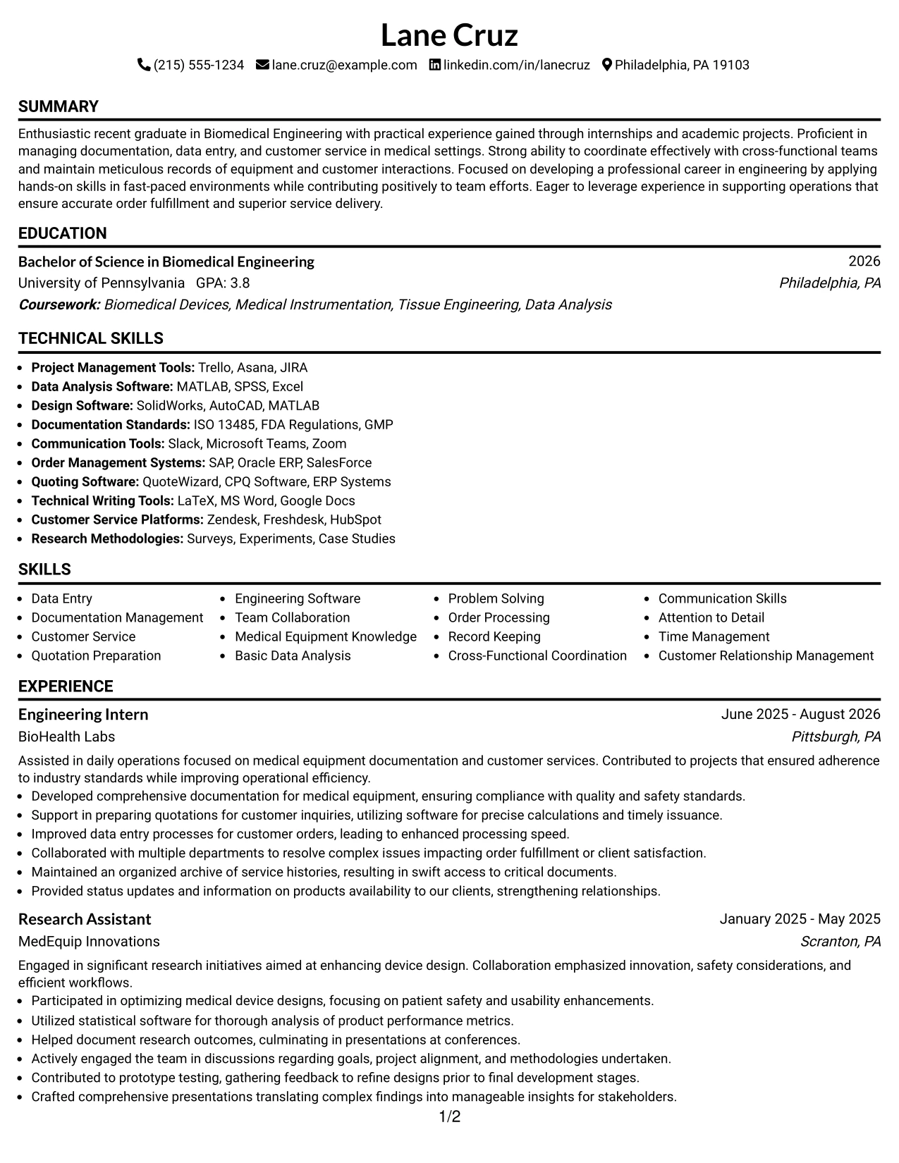 Resume Example Page 1