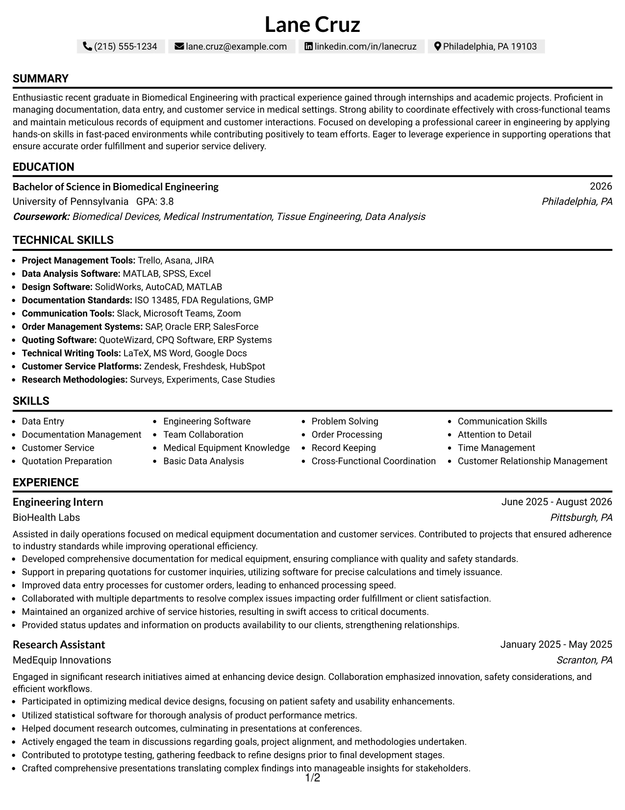 Resume Example Page 1