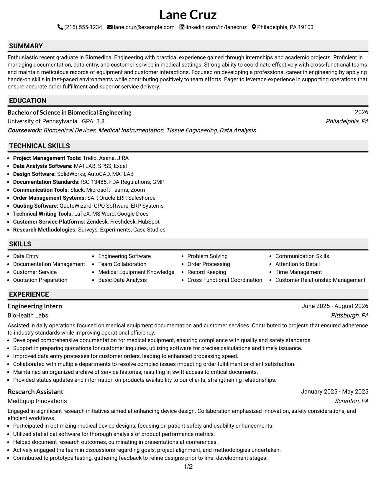 Resume Example Page 1