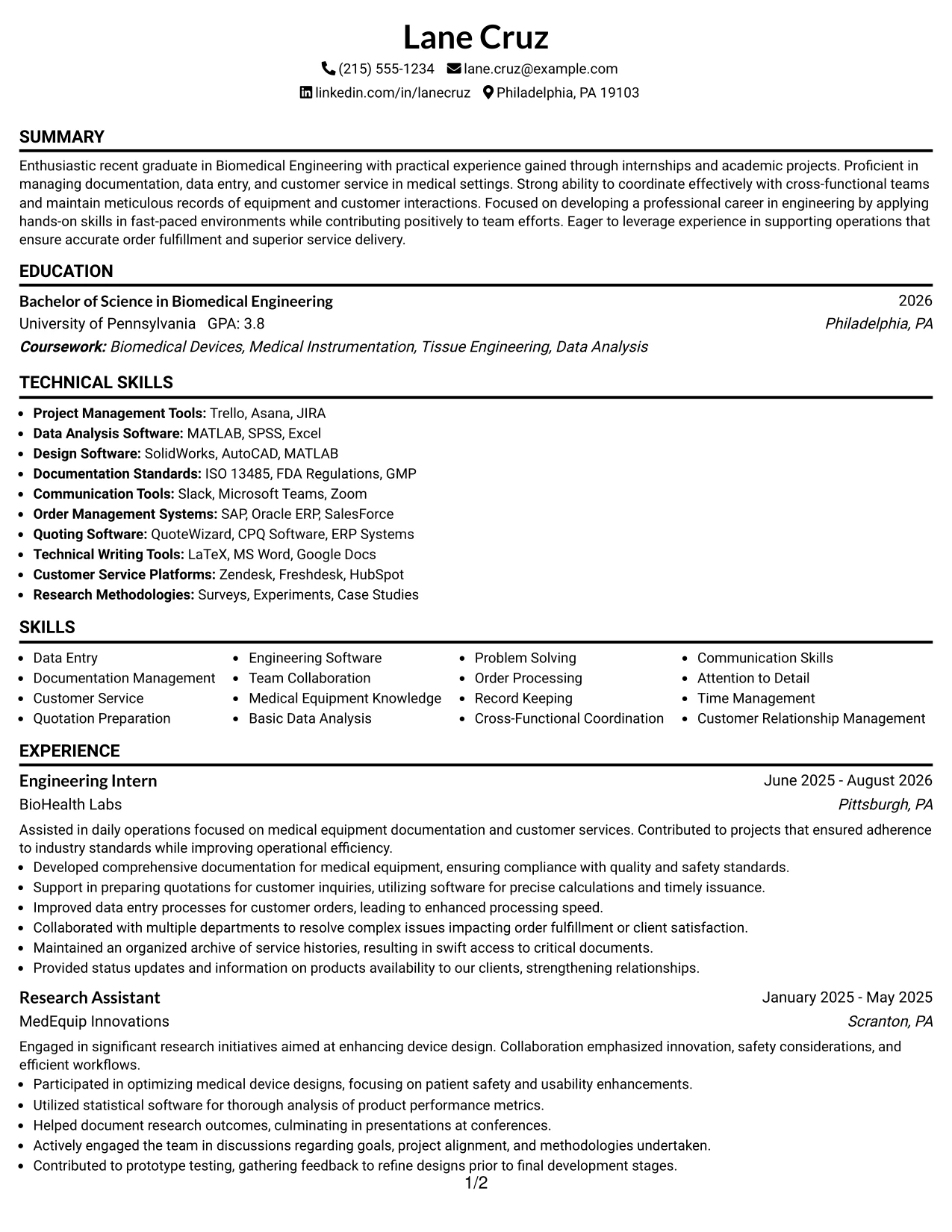 Resume Example Page 1