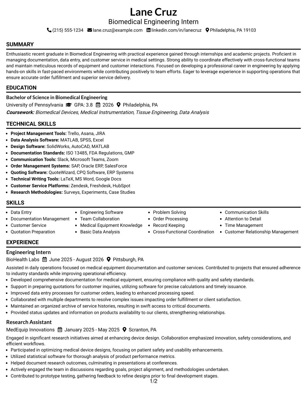 Resume Example Page 1