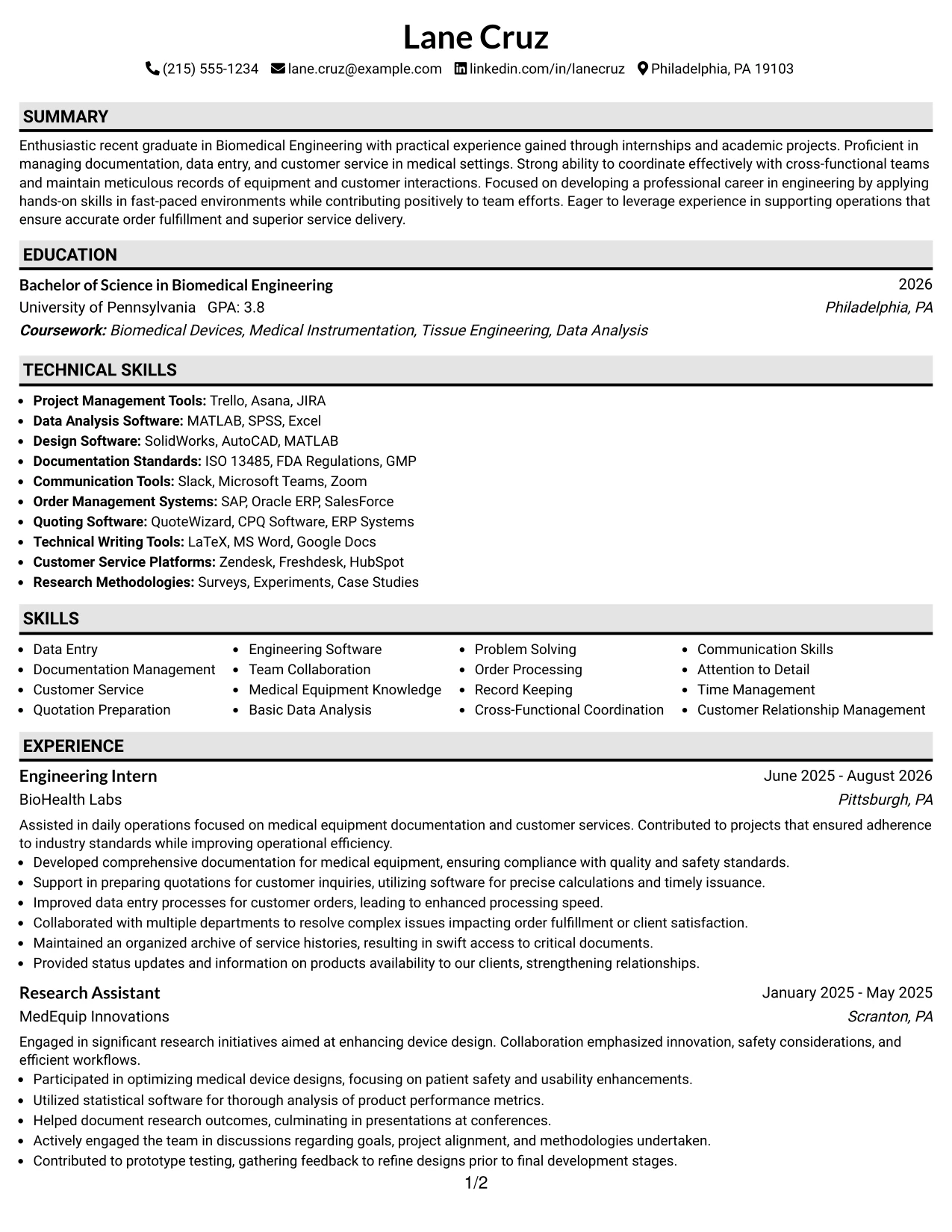 Resume Example Page 1