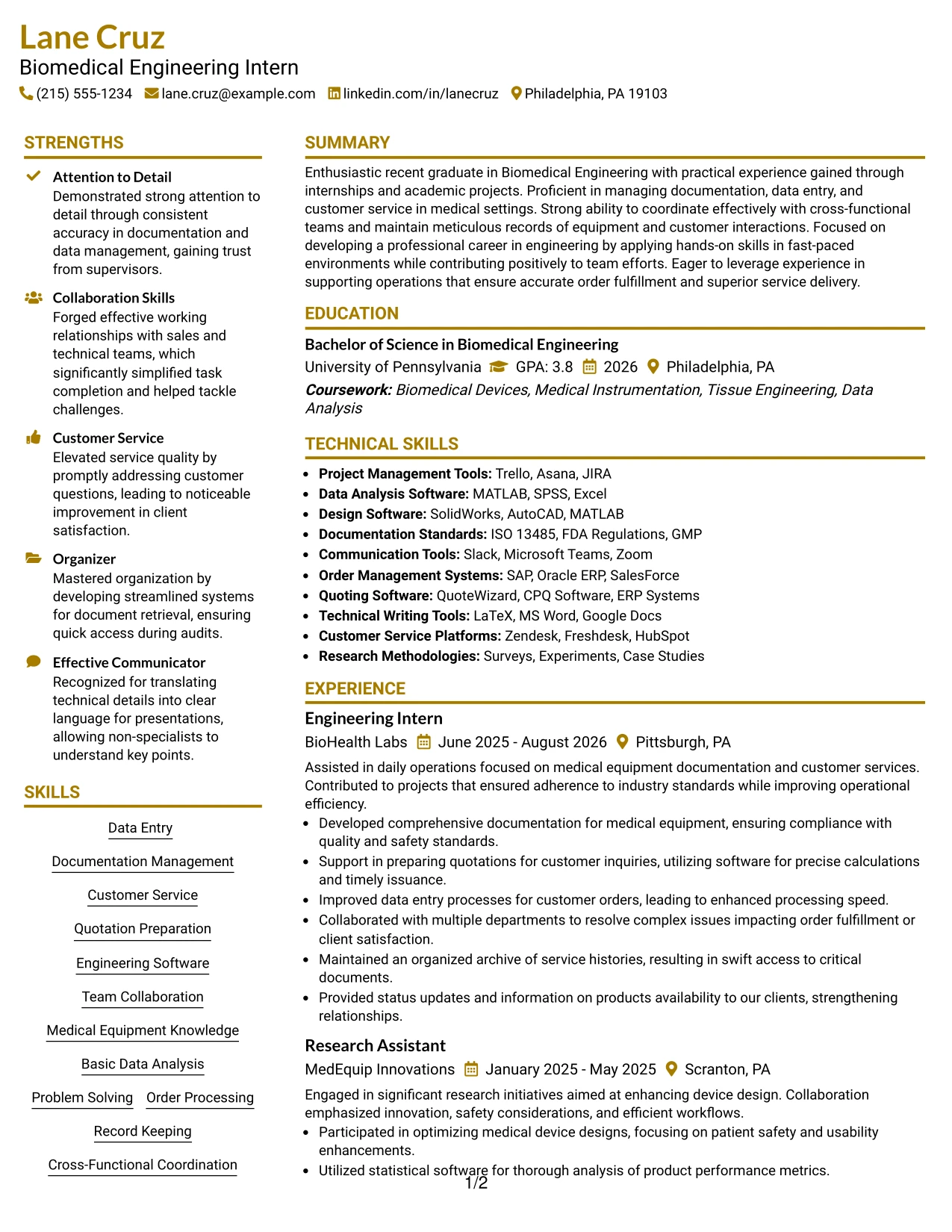 Resume Example Page 1