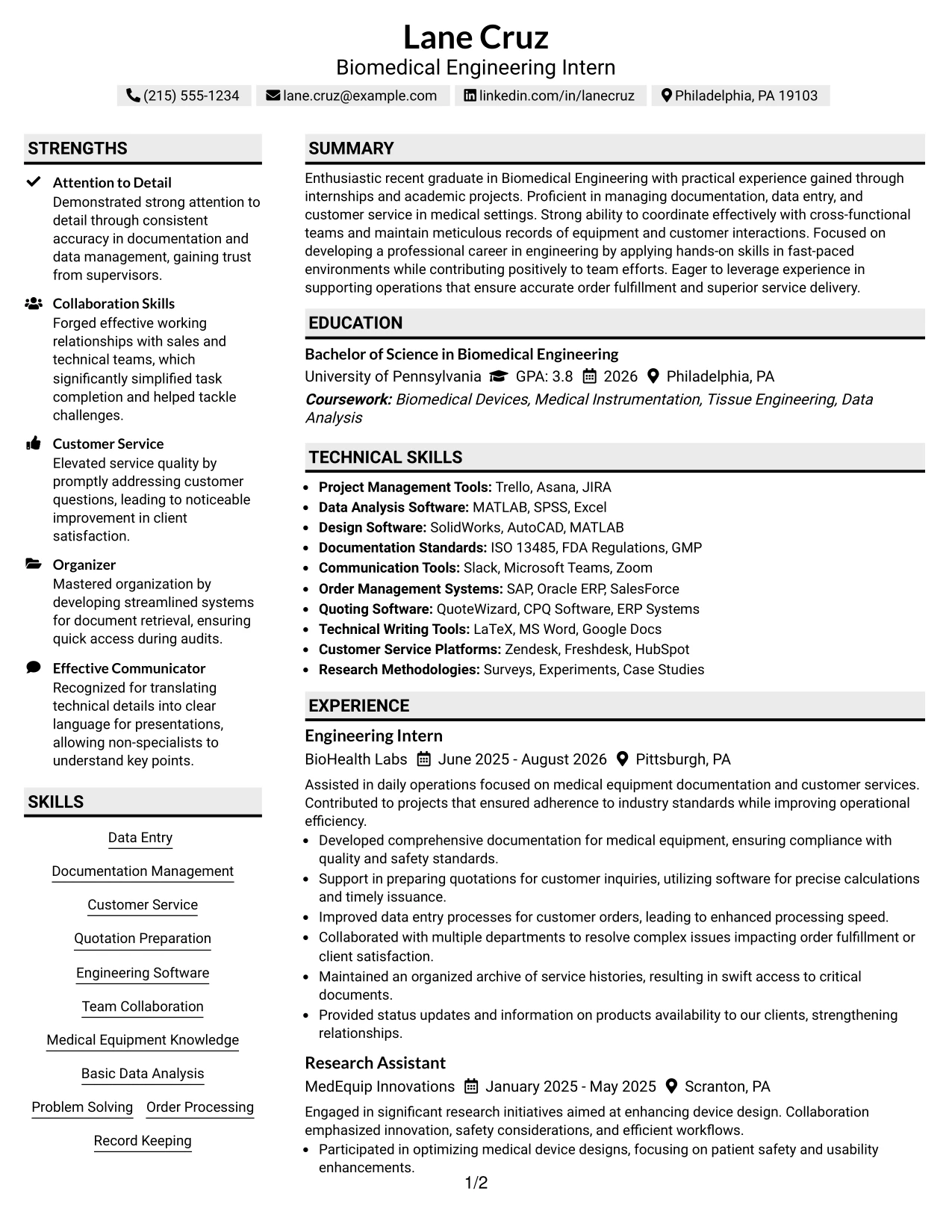 Resume Example Page 1
