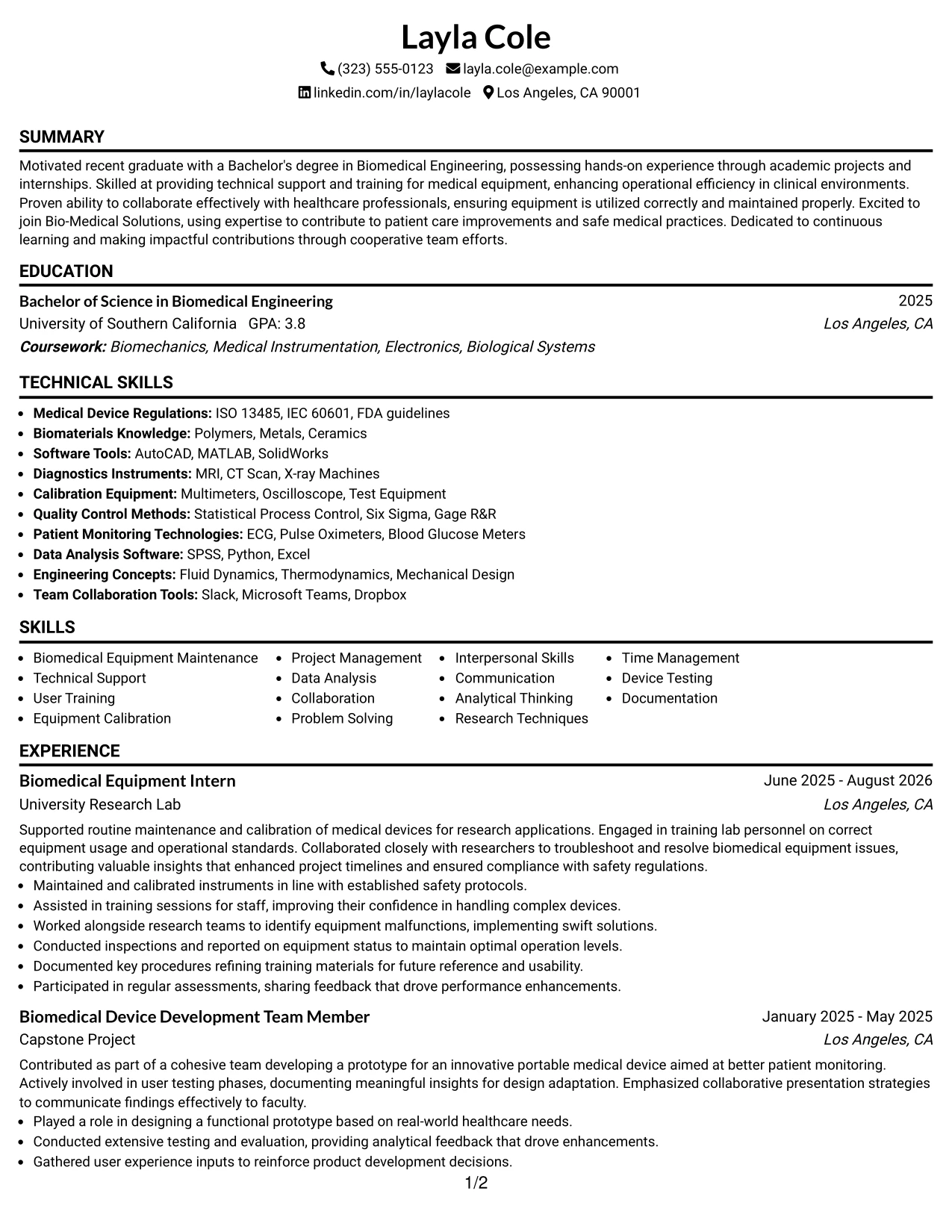 Resume Example Page 1