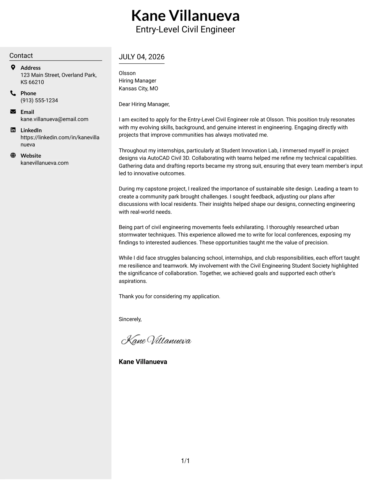 Resume Example Page 1