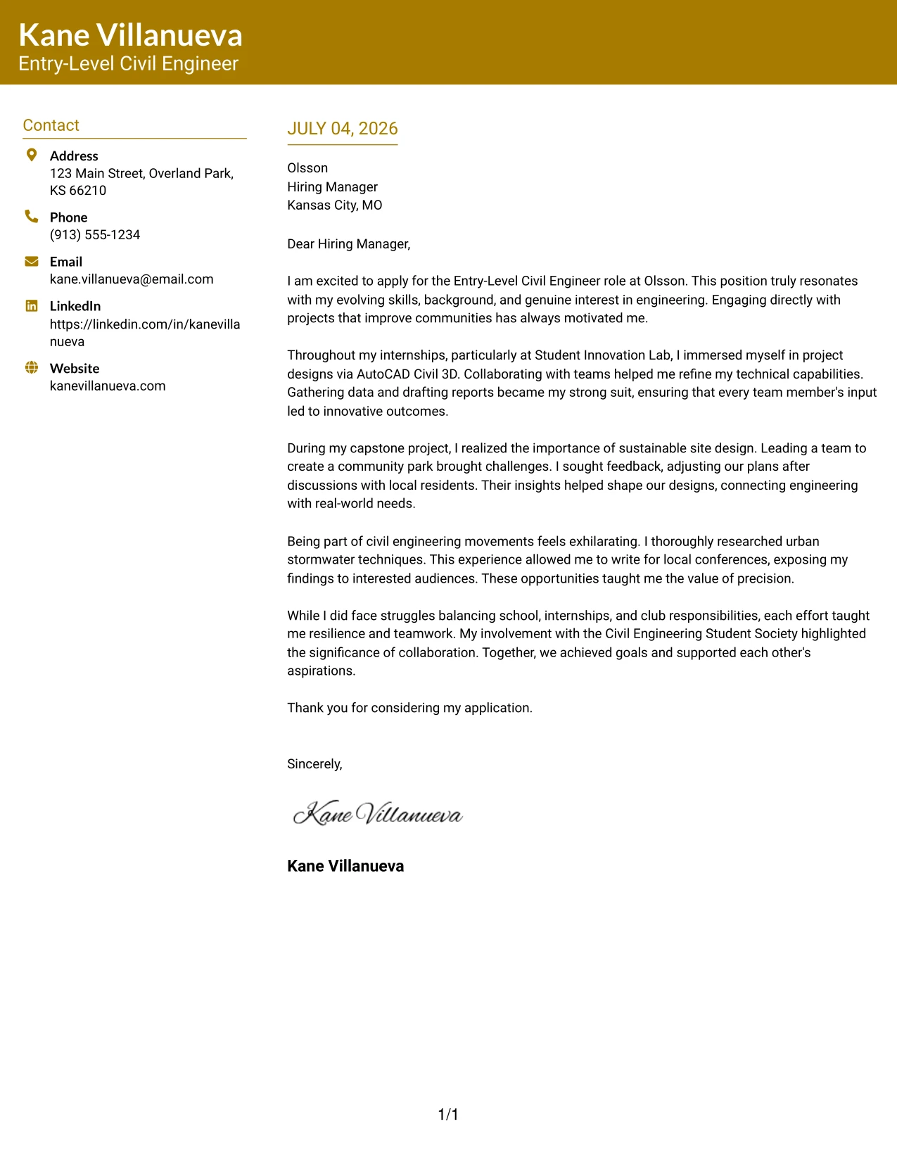 Resume Example Page 1