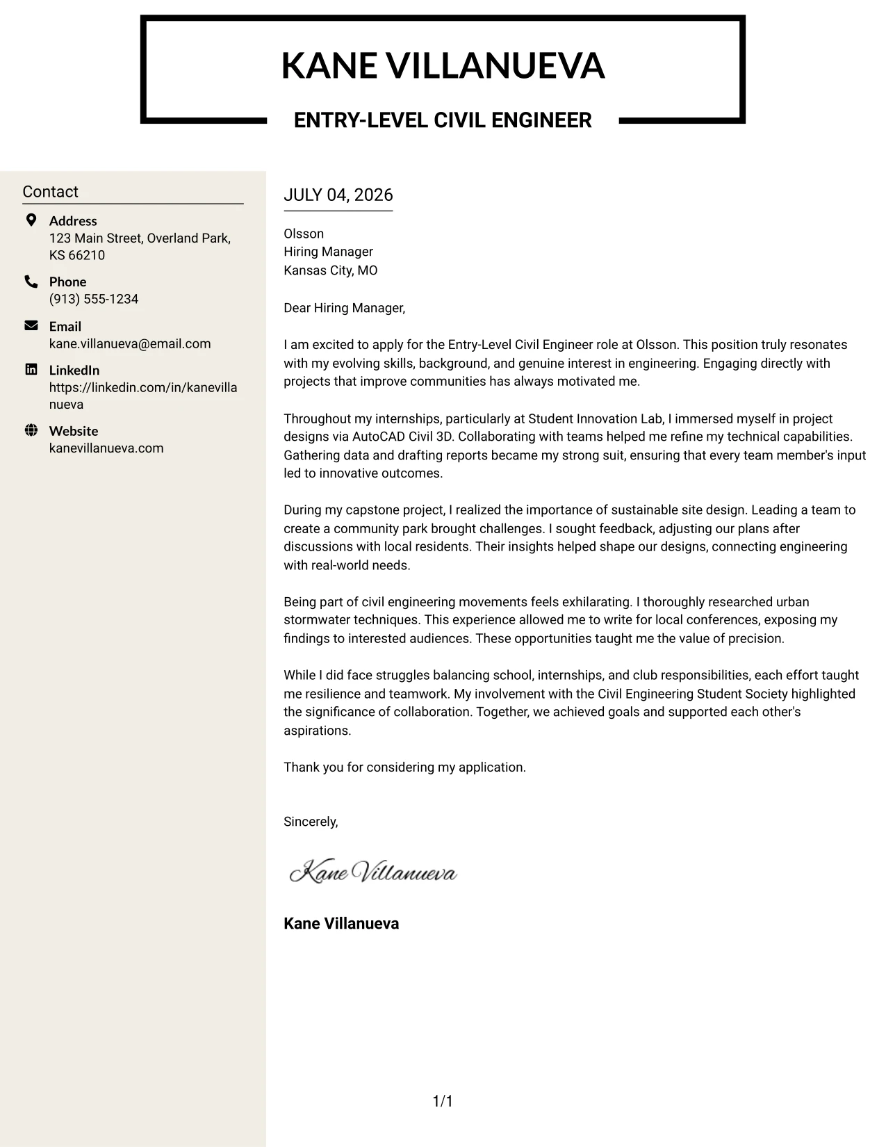 Resume Example Page 1