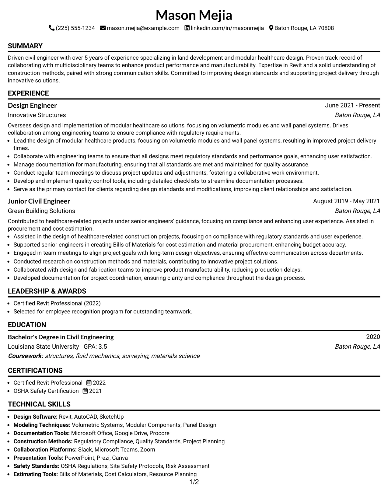 Resume Example Page 1
