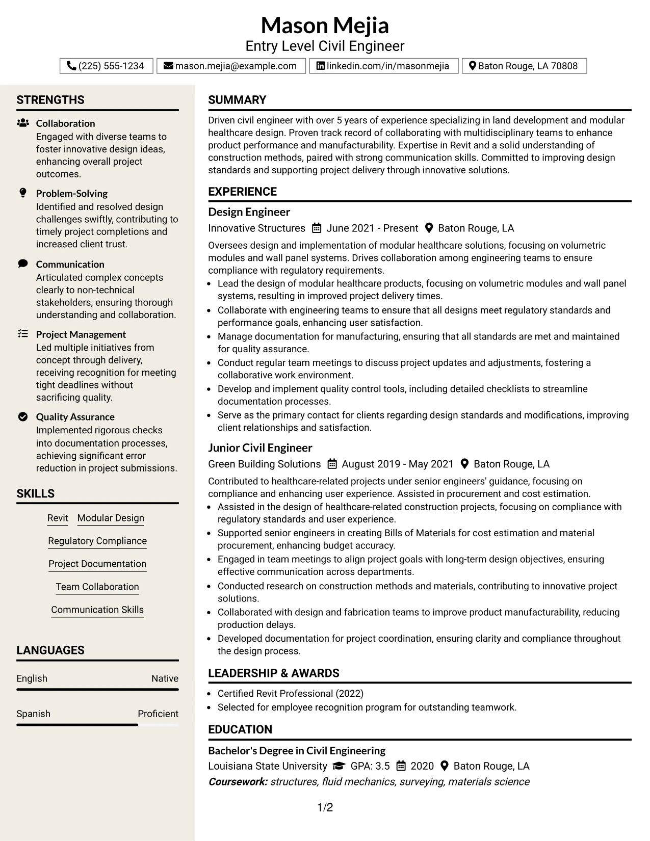 Resume Example Page 1