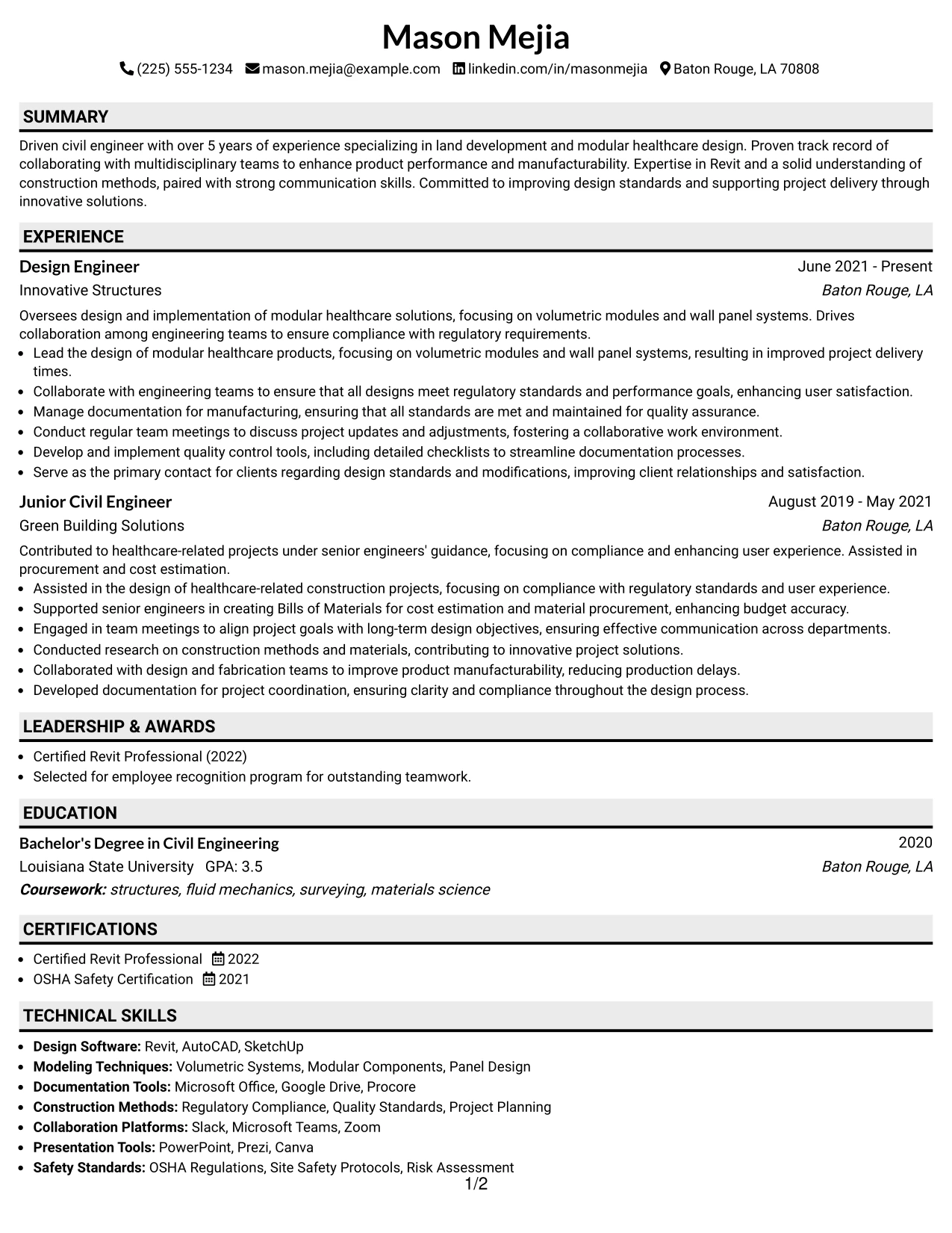 Resume Example Page 1