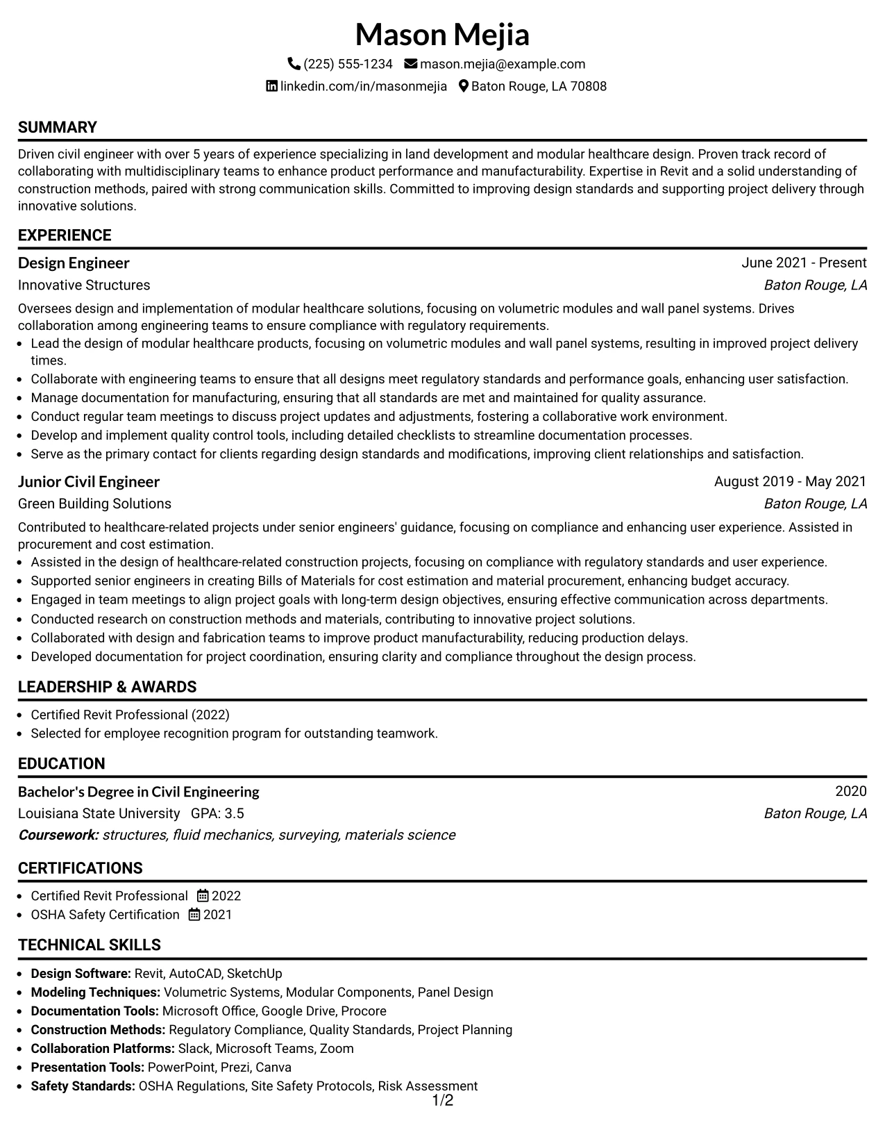 Resume Example Page 1