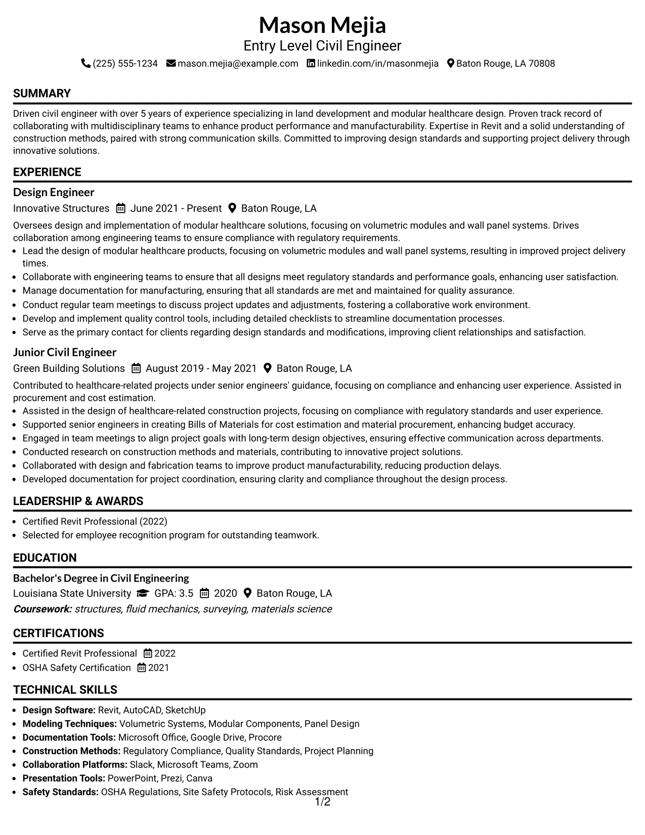 Resume Example Page 1