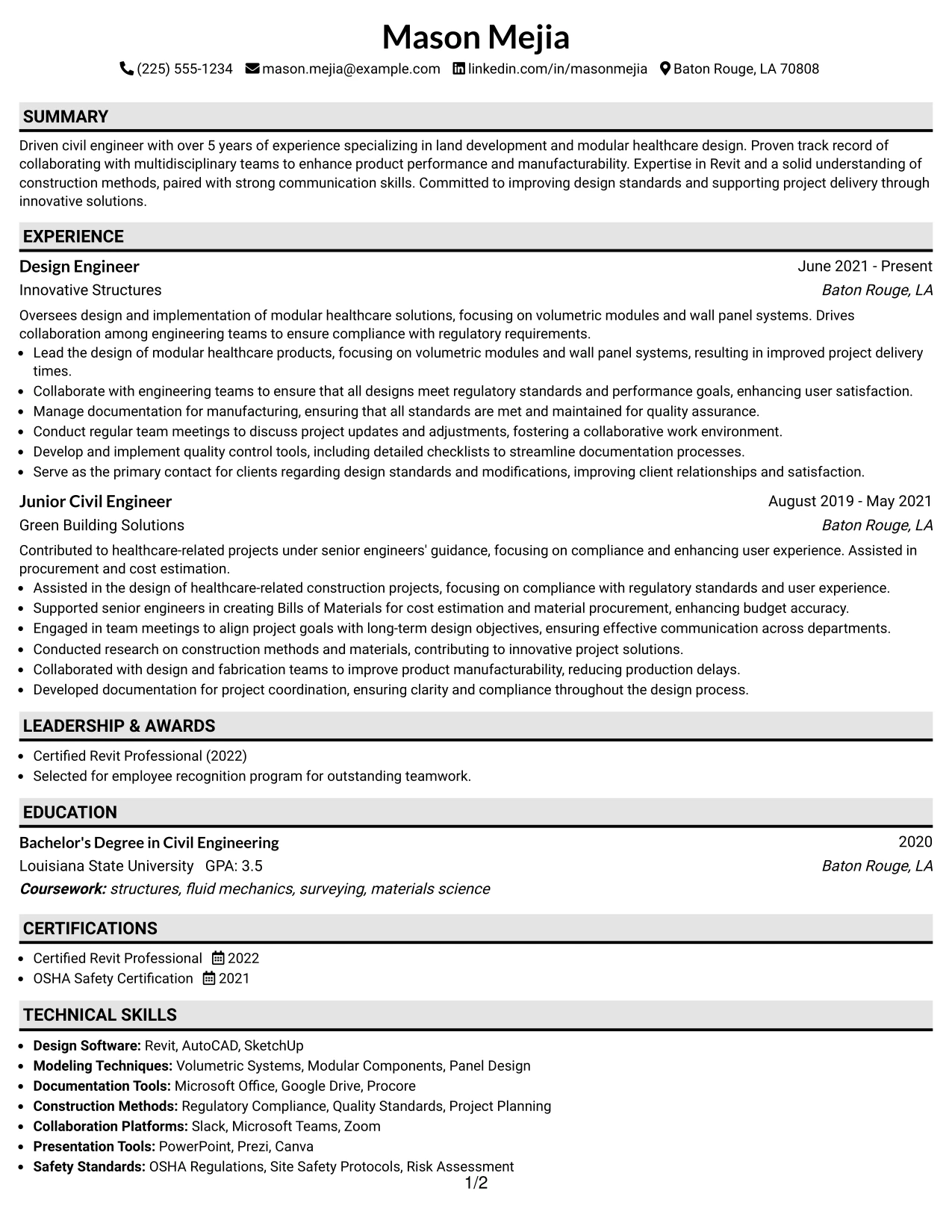 Resume Example Page 1