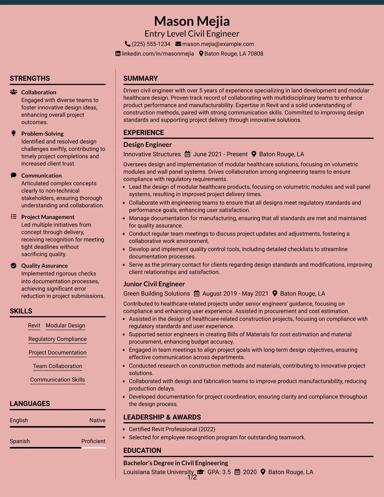 Resume Example Page 1