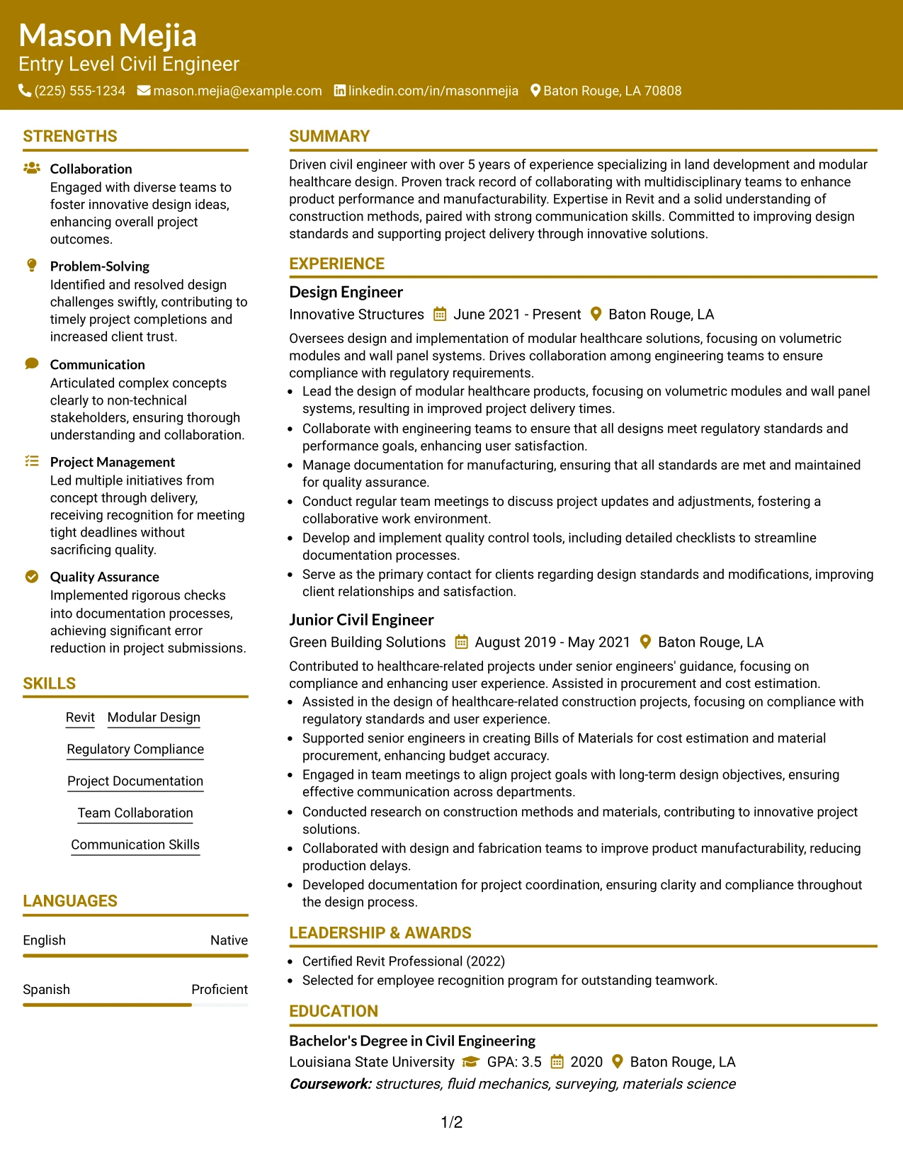 Resume Example Page 1