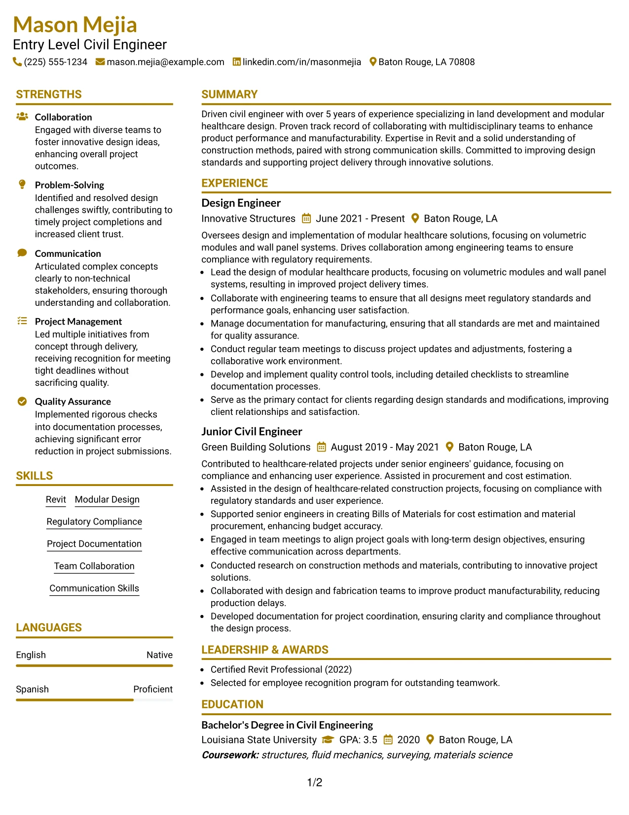 Resume Example Page 1