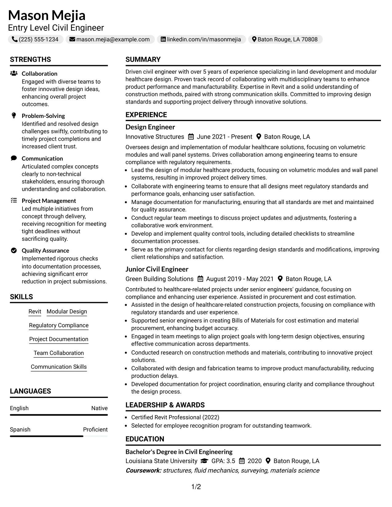 Resume Example Page 1