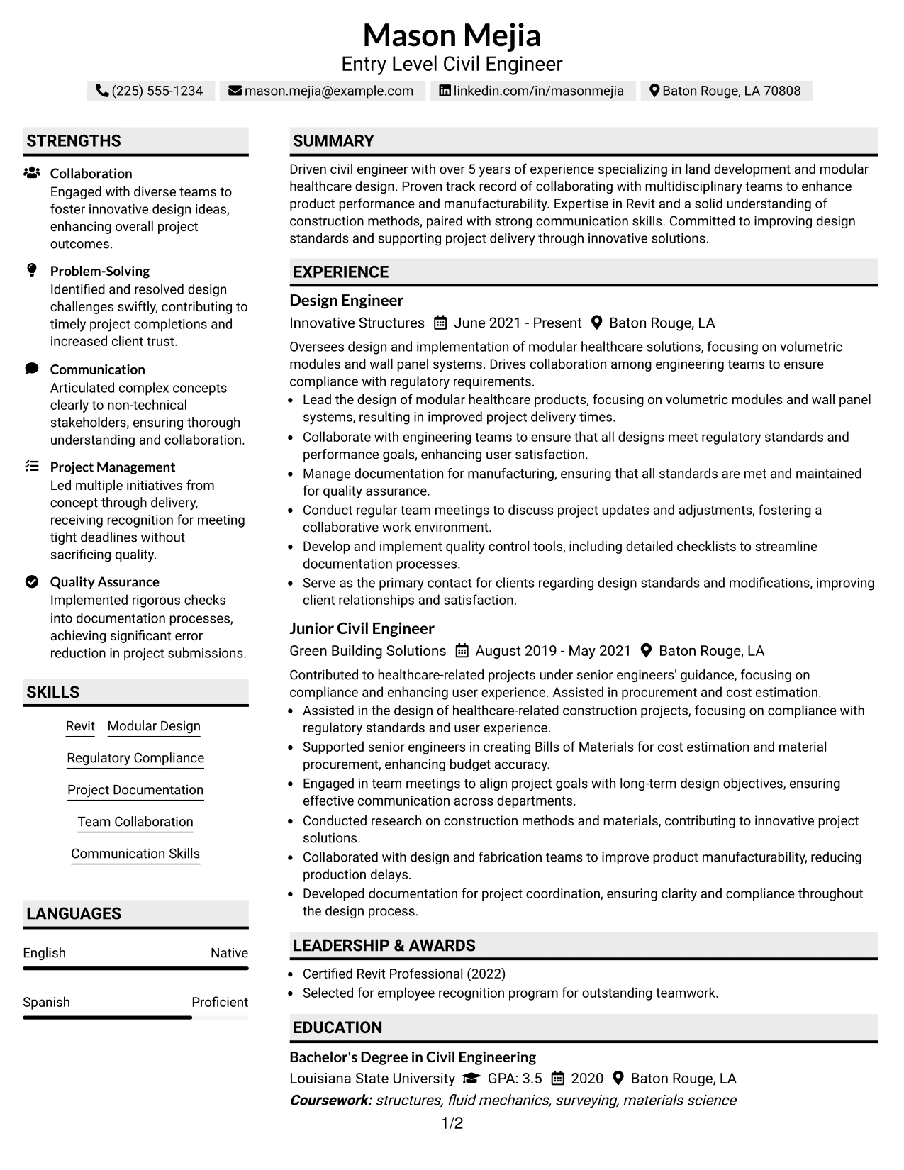 Resume Example Page 1