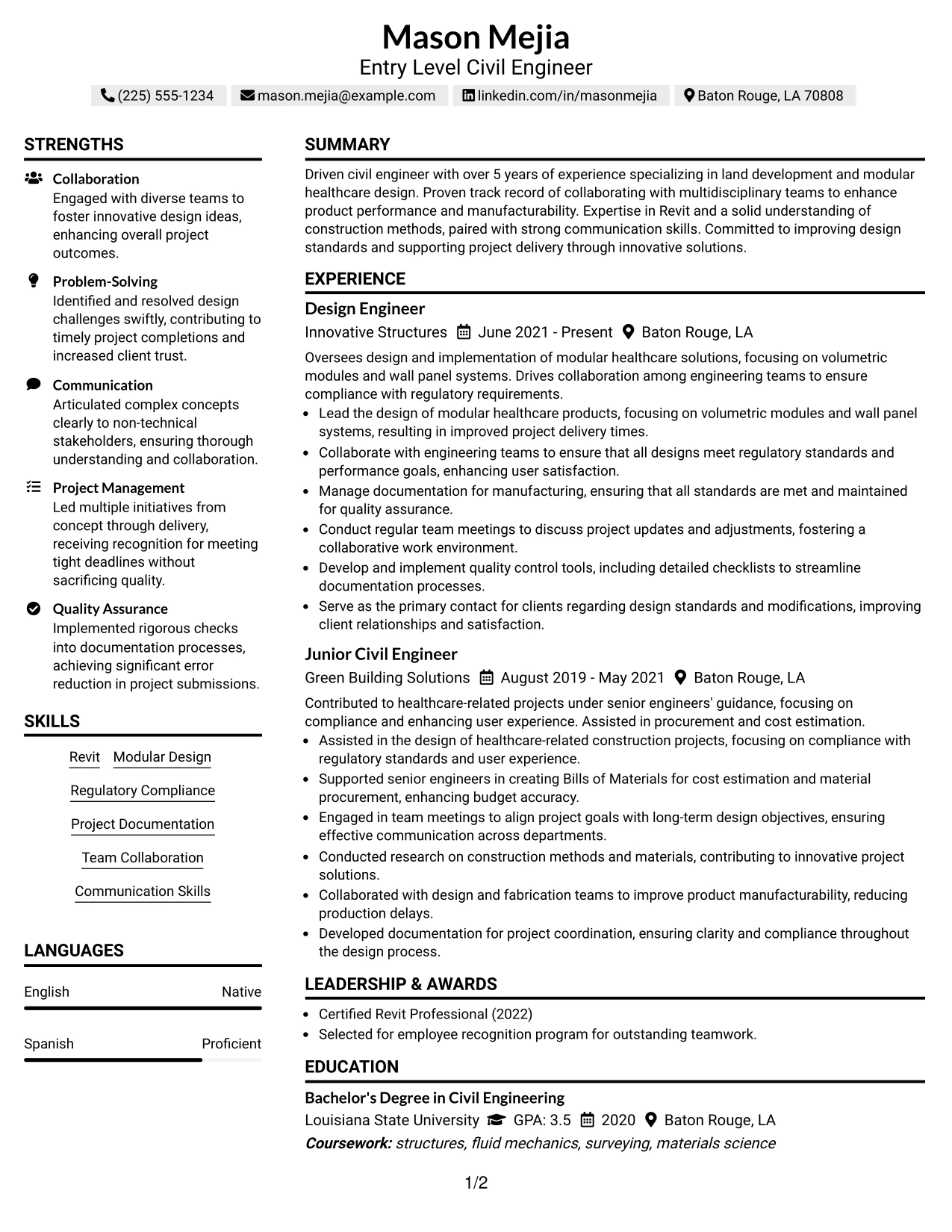 Resume Example Page 1