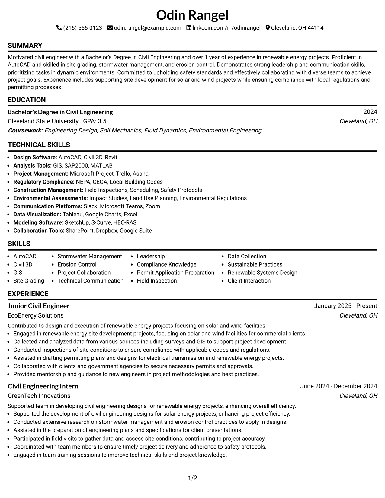 Resume Example Page 1