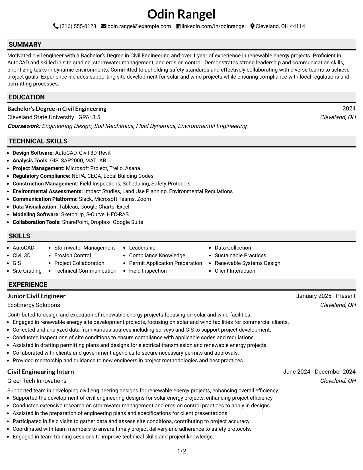 Resume Example Page 1