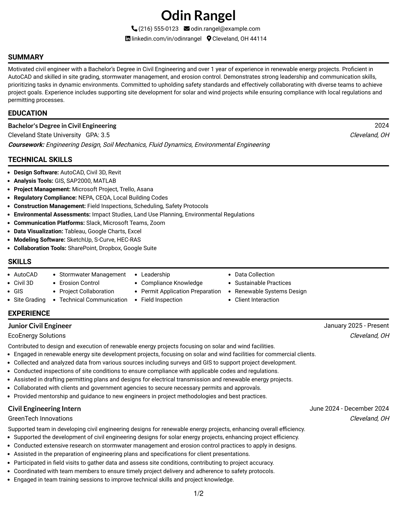 Resume Example Page 1