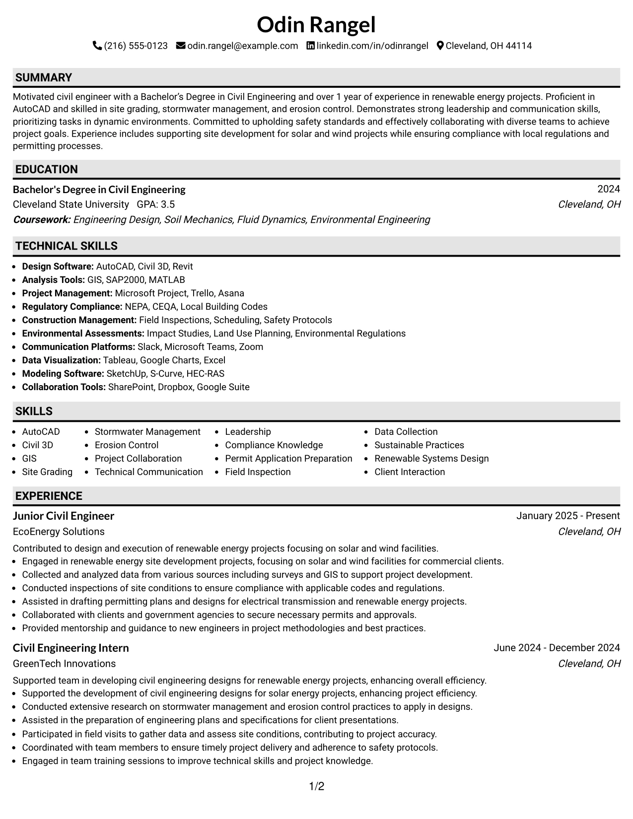 Resume Example Page 1