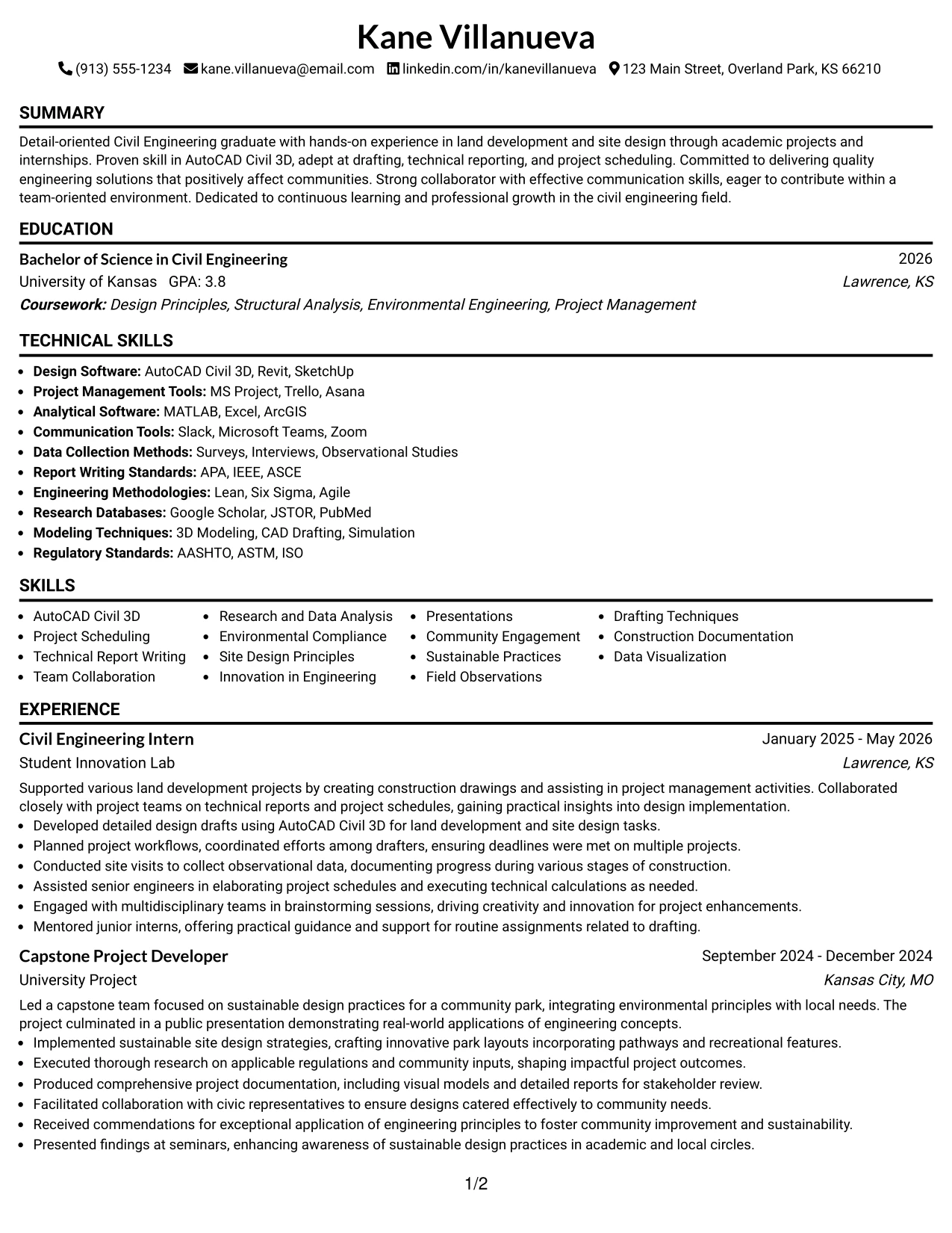 Resume Example Page 1