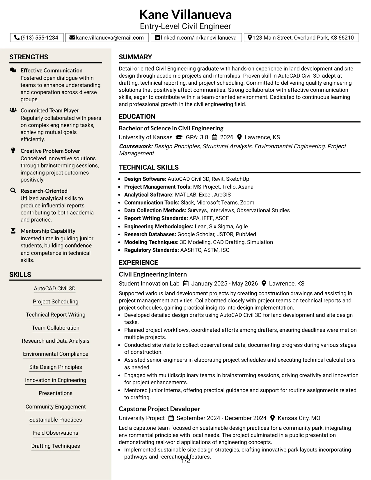 Resume Example Page 1