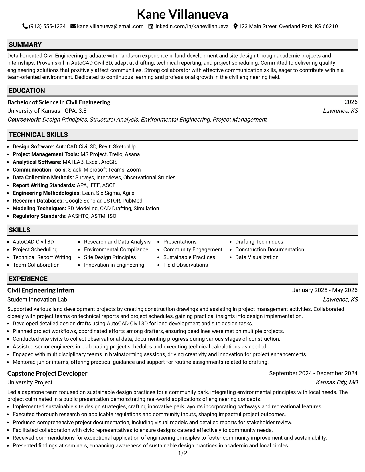 Resume Example Page 1