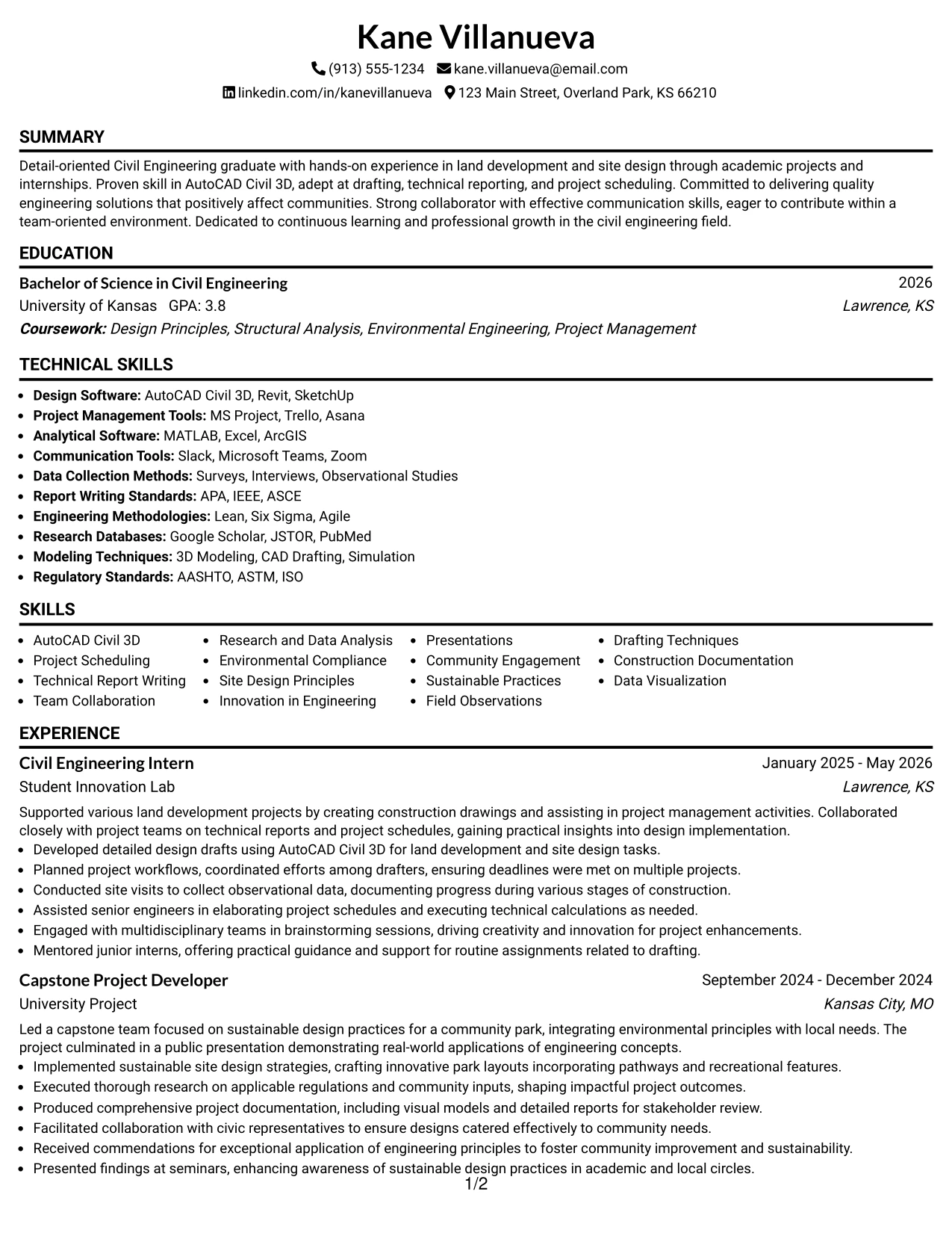 Resume Example Page 1