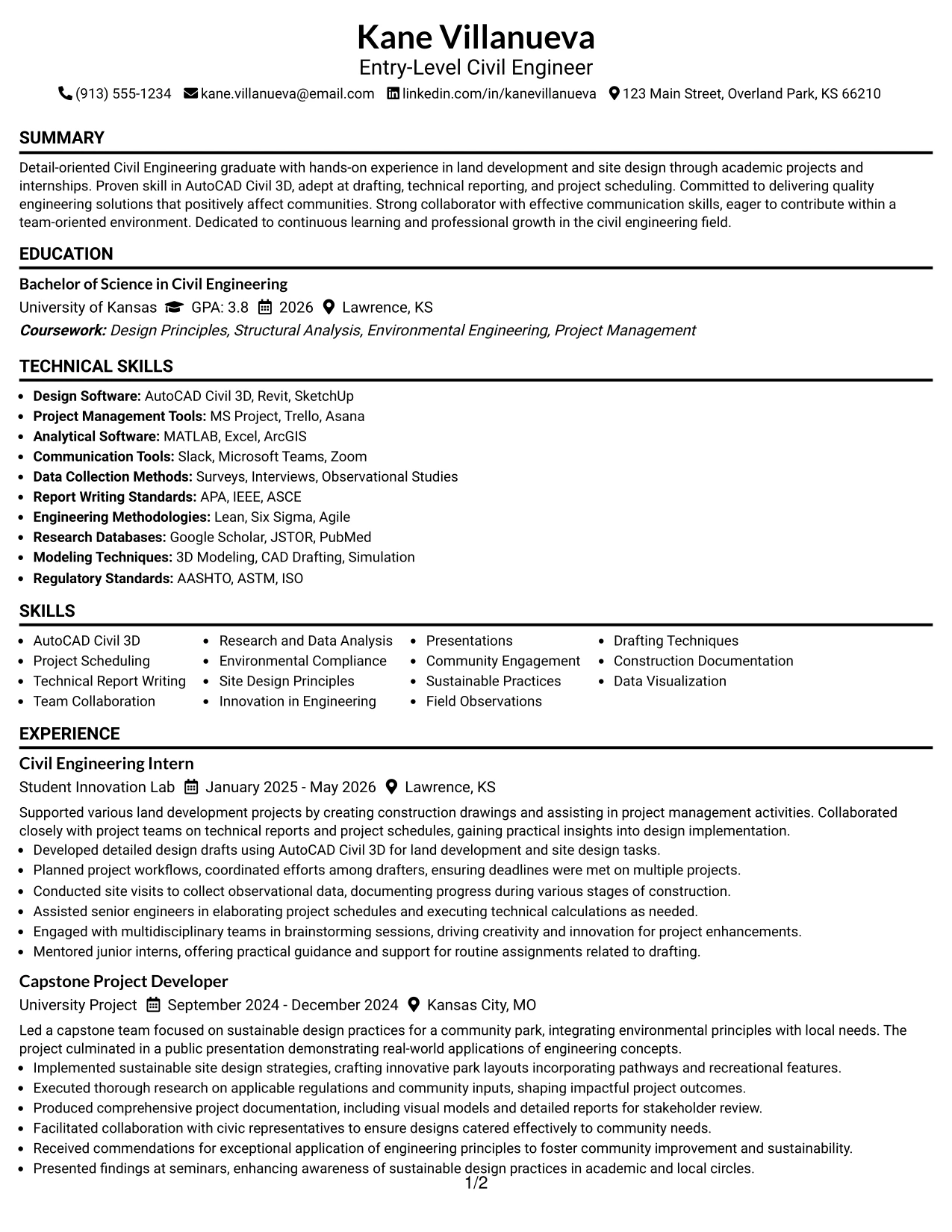 Resume Example Page 1