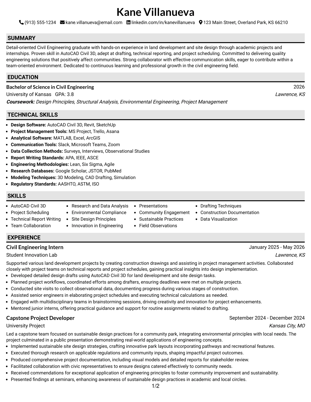 Resume Example Page 1