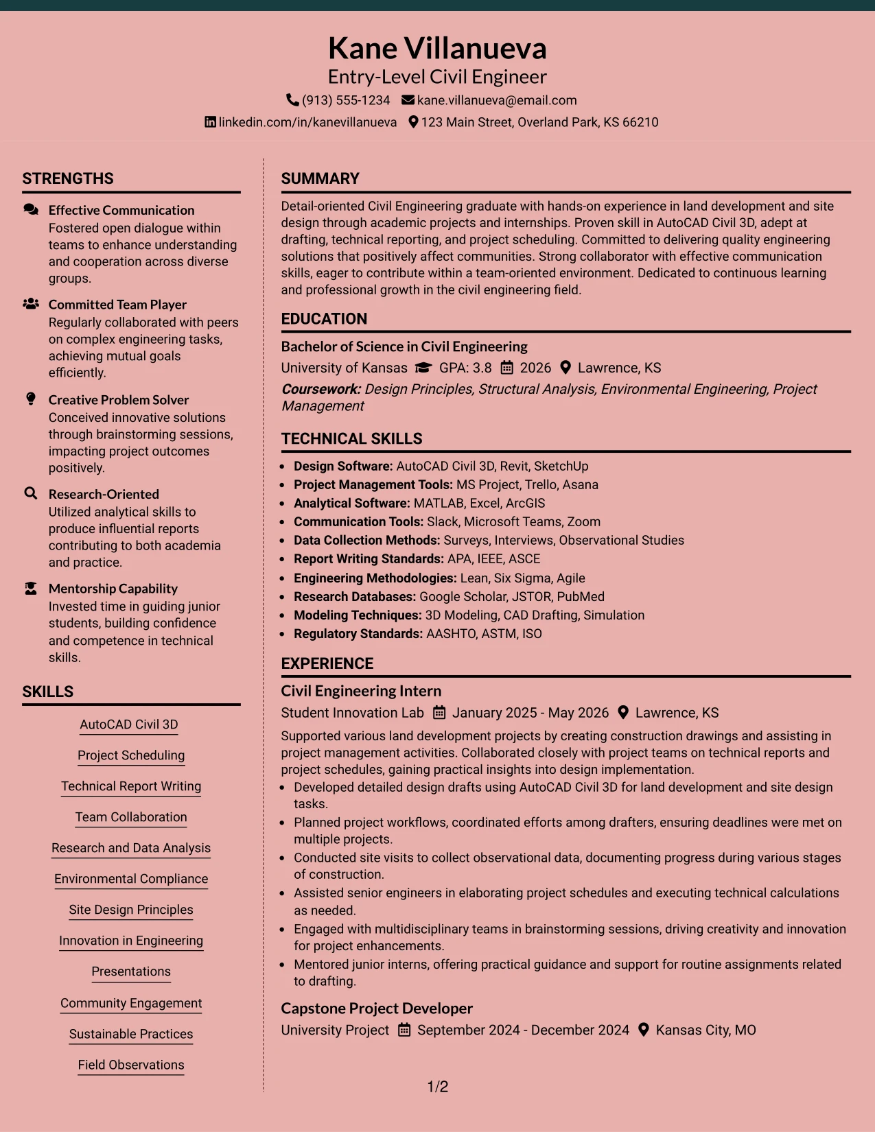 Resume Example Page 1