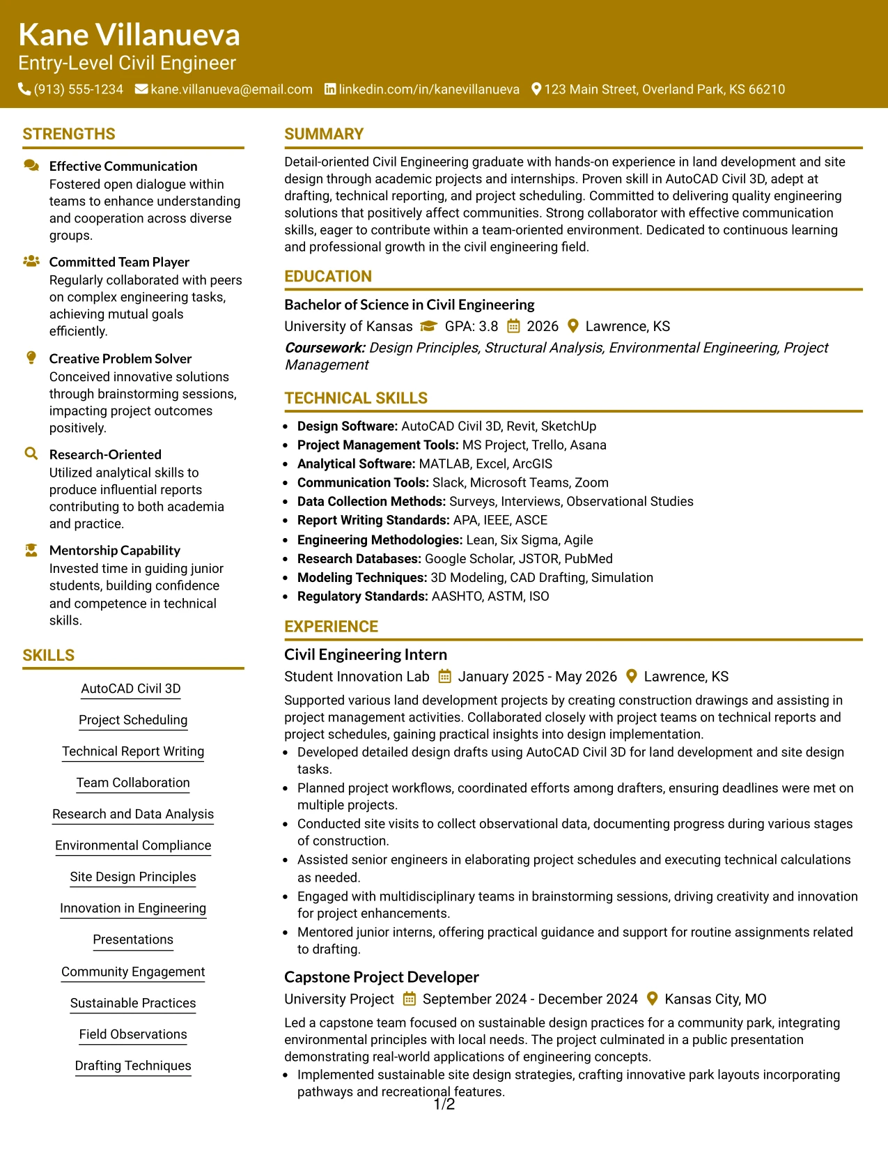 Resume Example Page 1