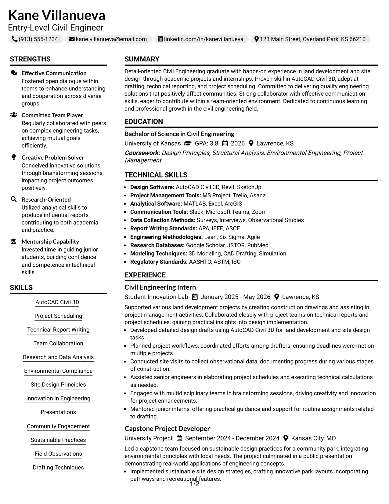 Resume Example Page 1