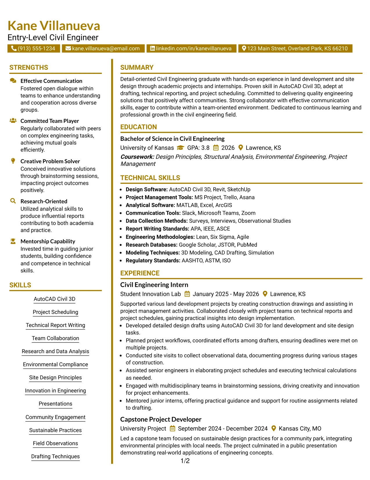 Resume Example Page 1