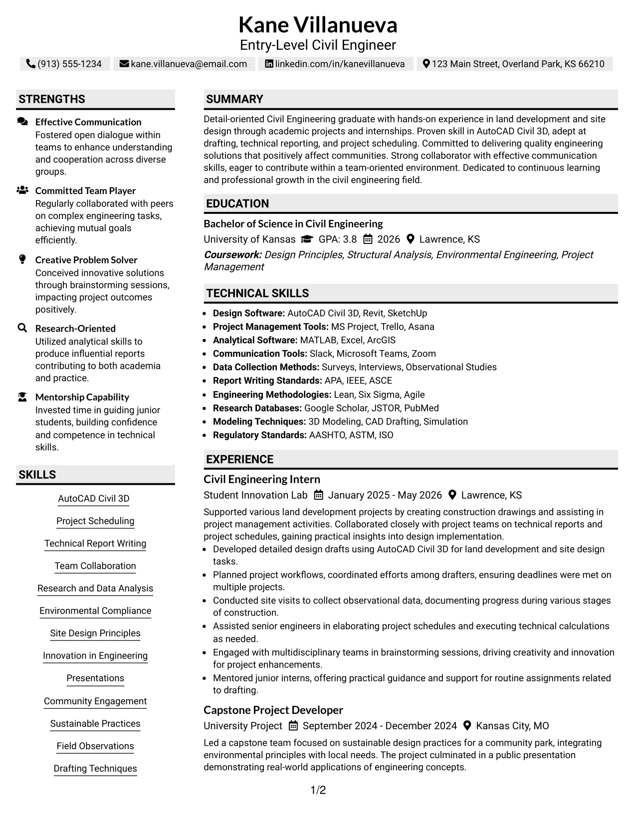 Resume Example Page 1