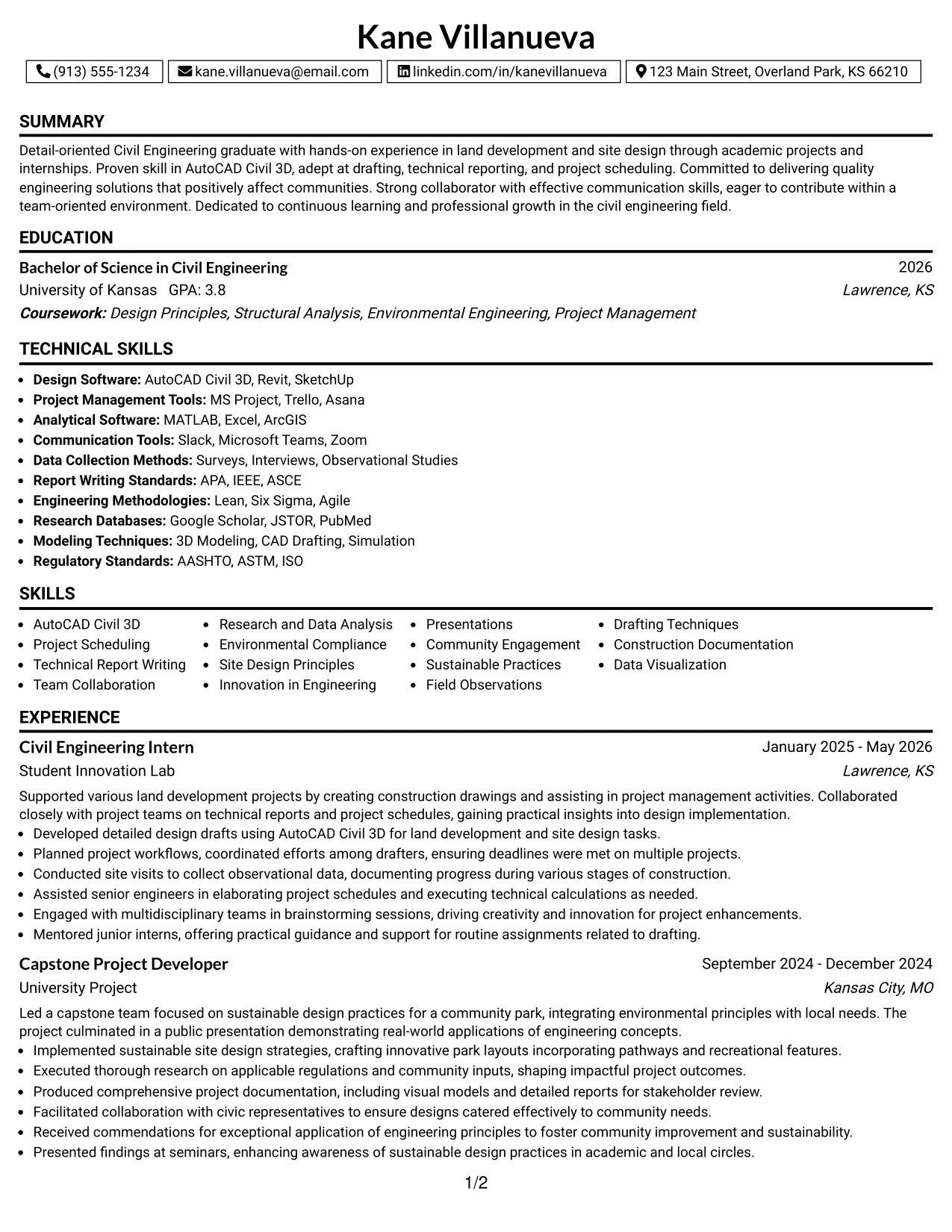 Resume Example Page 1