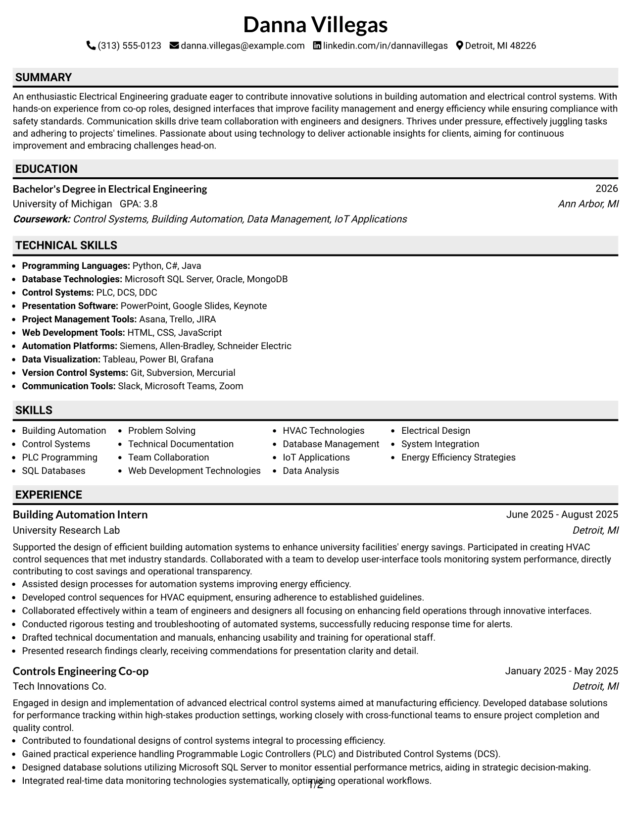 Resume Example Page 1