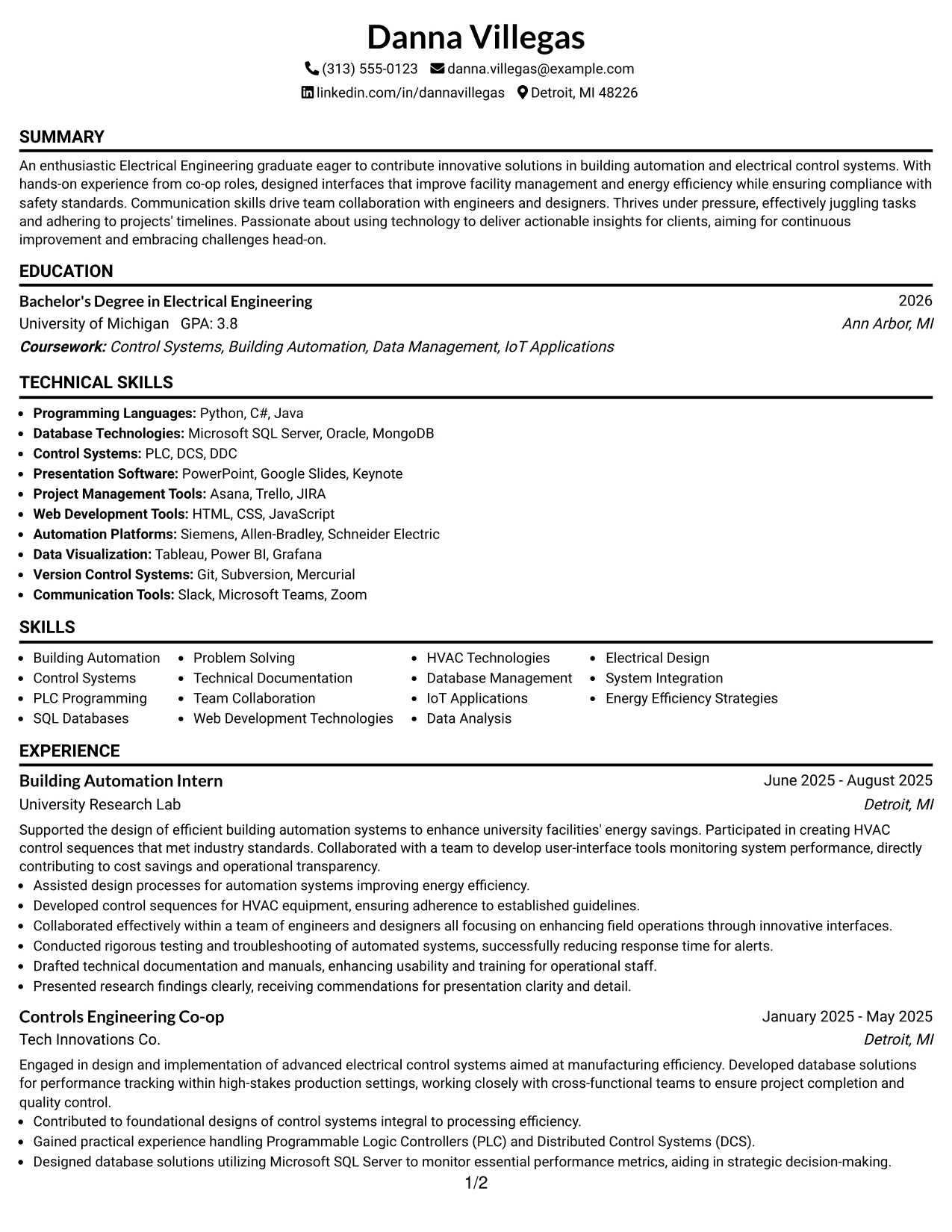 Resume Example Page 1